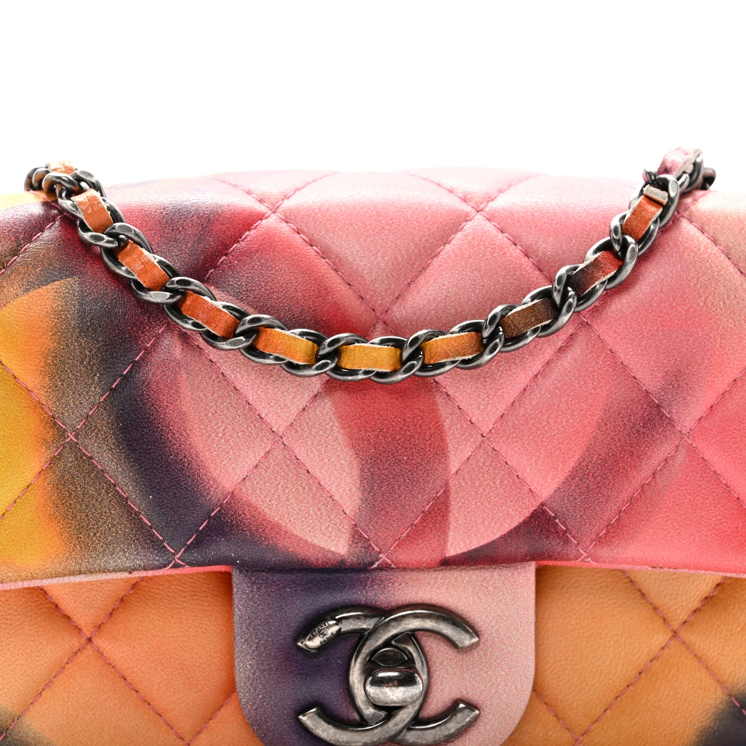 Printed Lambskin Quilted Small Flower Power Flap Ecru Orange Red Purple - Image 8