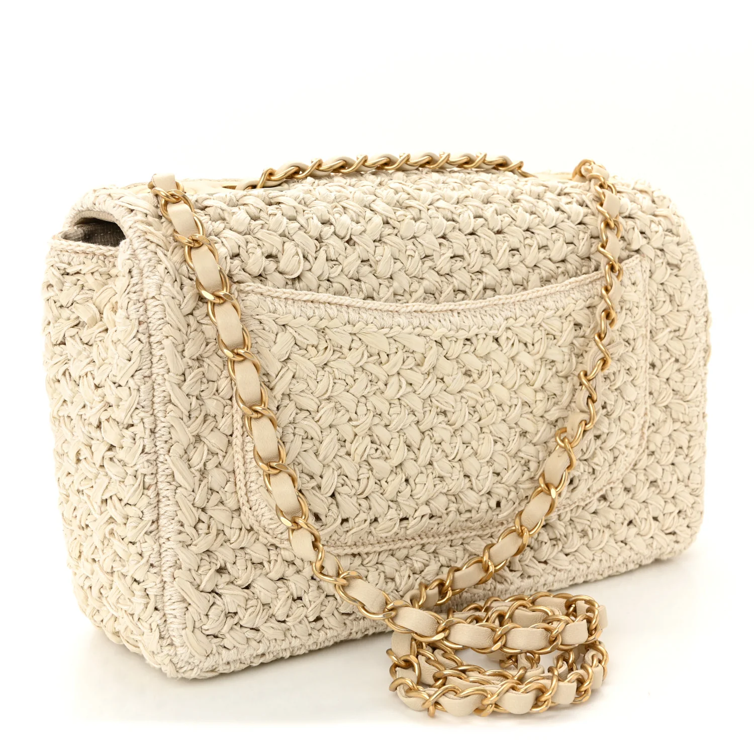 Raffia Crochet Medium Flap Bag Beige - Image 3