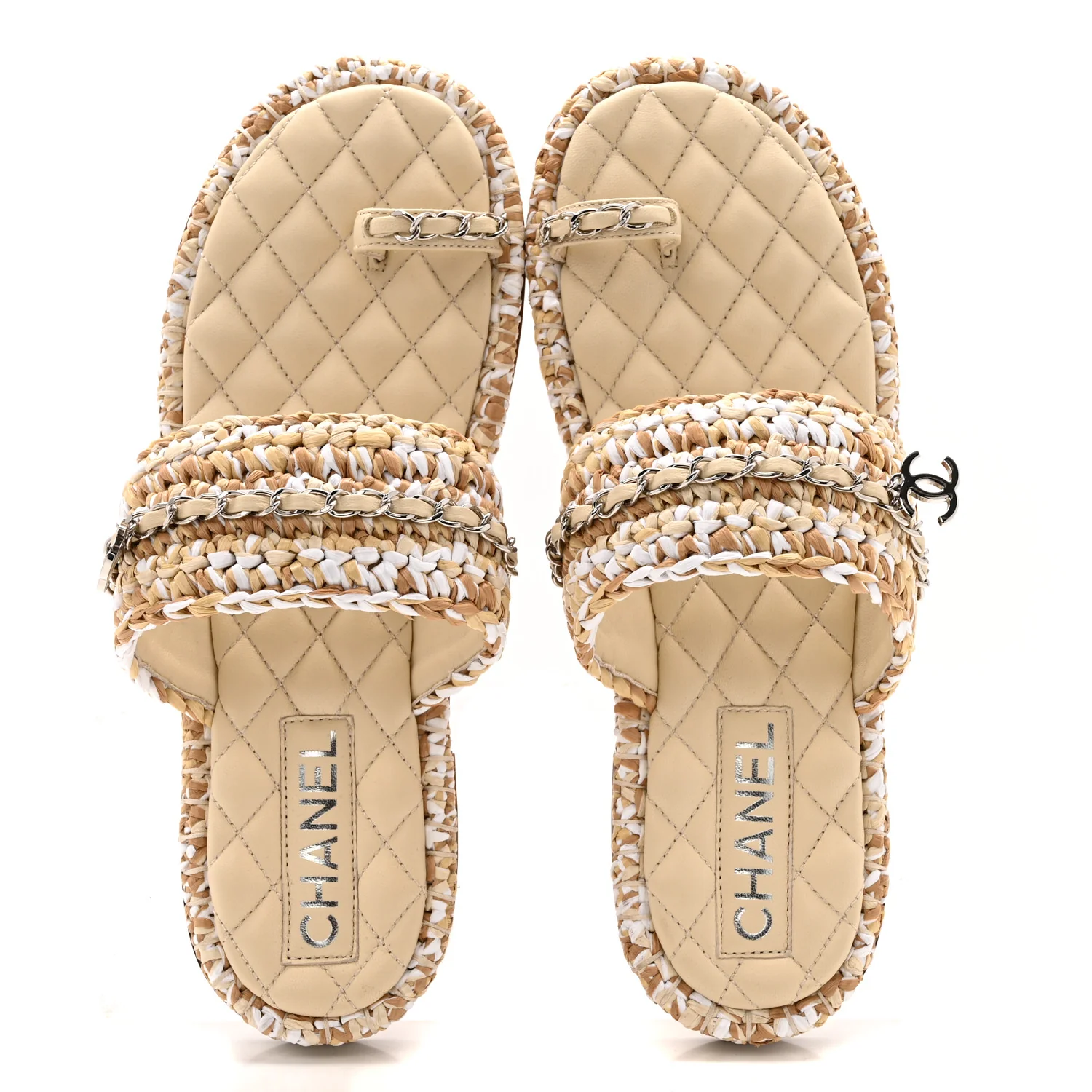 Raffia Lambskin Woven Chain CC Toe Ring Sandals 40 Beige White - Image 2