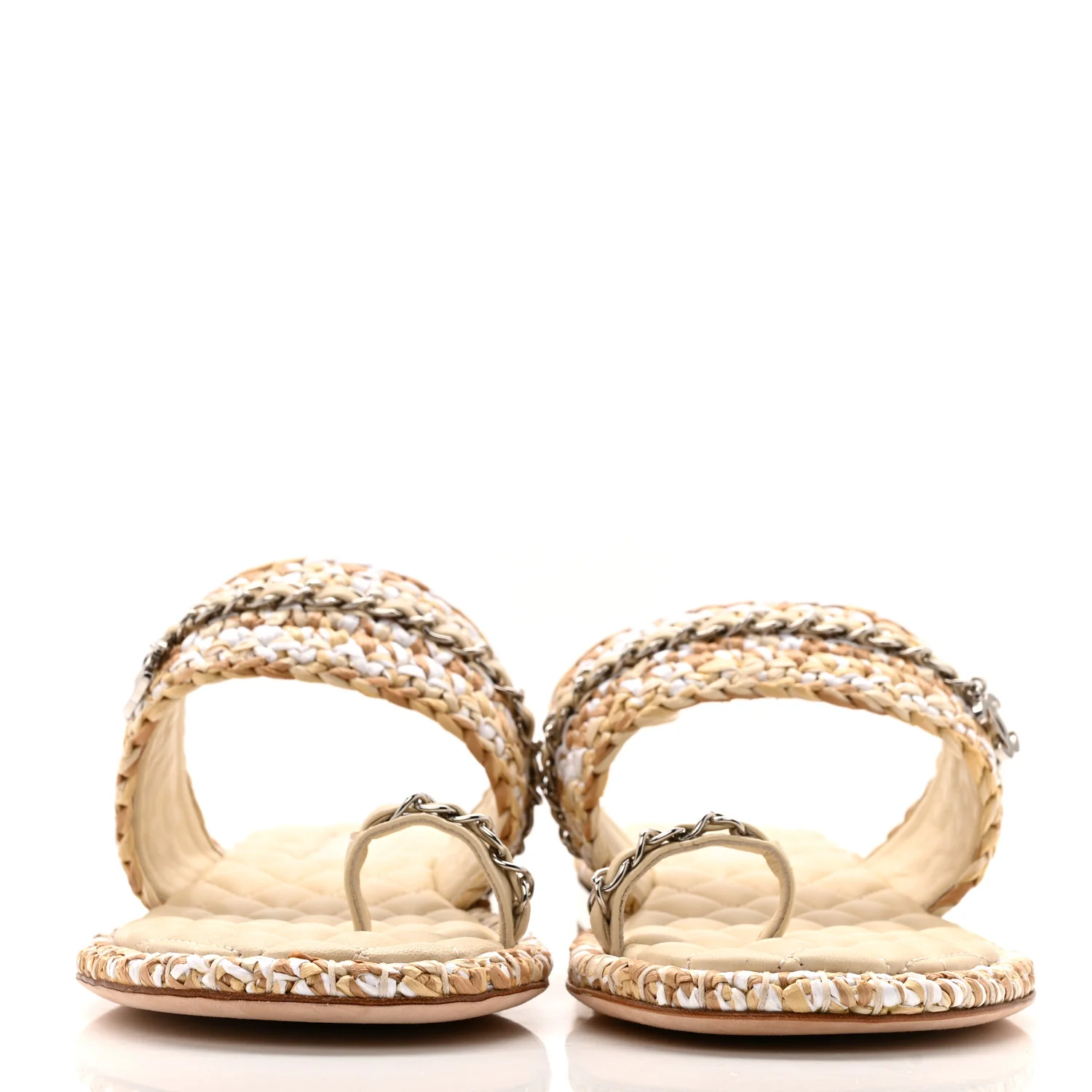 Raffia Lambskin Woven Chain CC Toe Ring Sandals 40 Beige White - Image 3