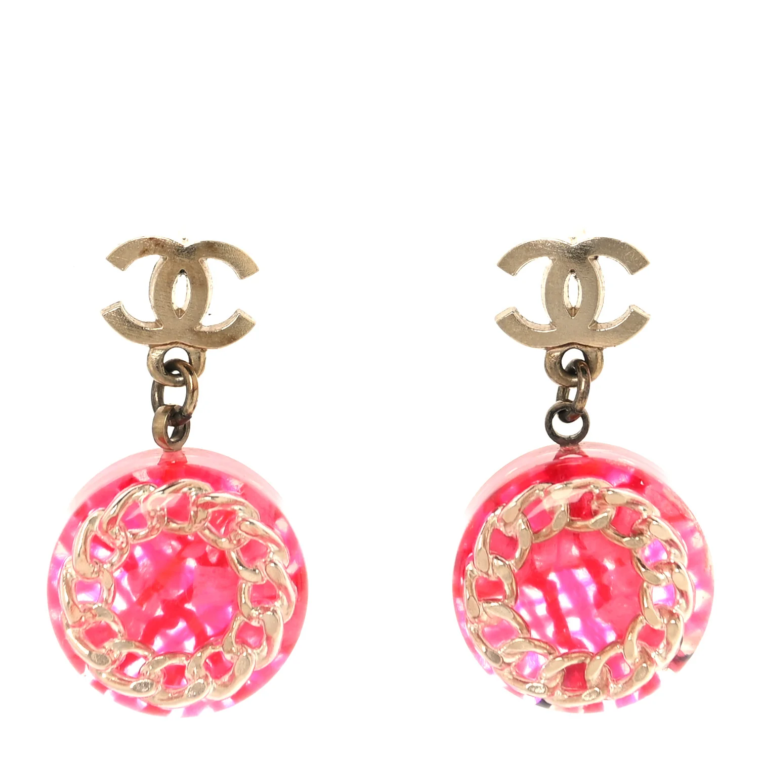Resin Chain Tweed CC Drop Earrings Pink Gold - Image 2
