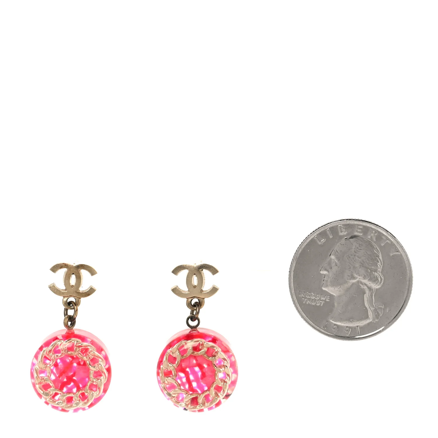 Resin Chain Tweed CC Drop Earrings Pink Gold - Image 5