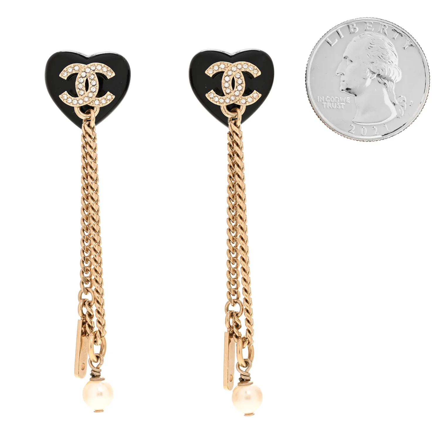 Resin Crystal Pearl CC Heart Chain Earrings Black Gold - Image 2