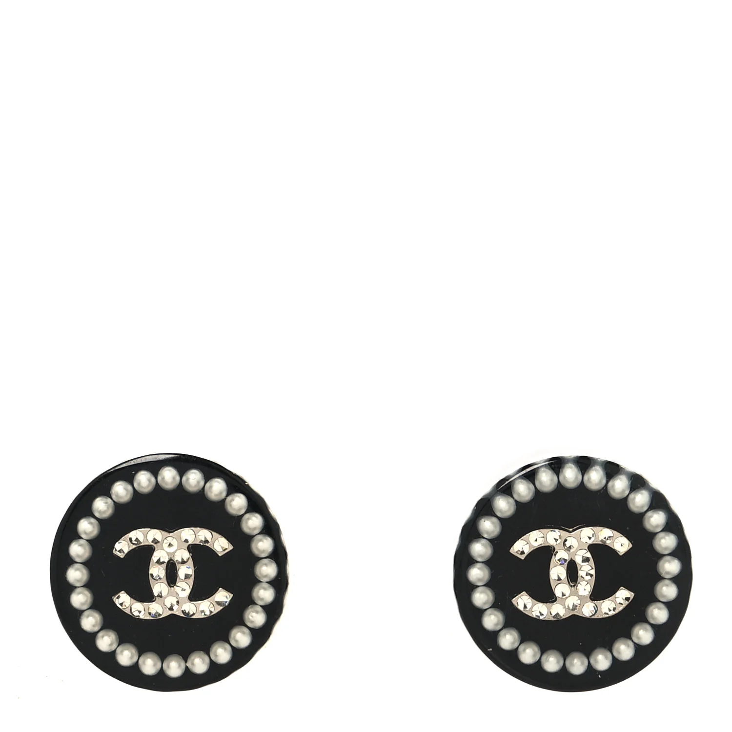 Resin Crystal Pearl CC Round Earrings Black