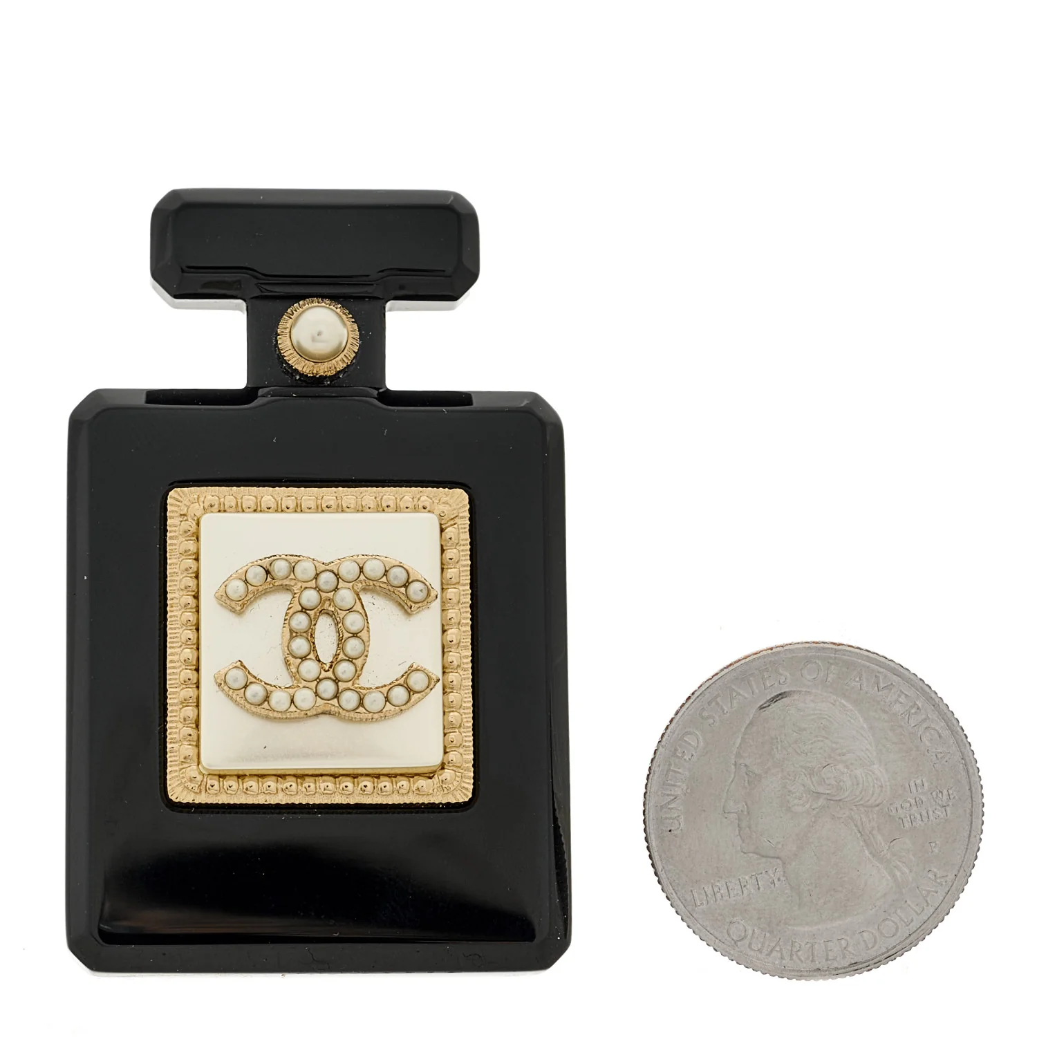 Resin Pearl Perfume Bottle CC Brooch Black Gold - Image 2