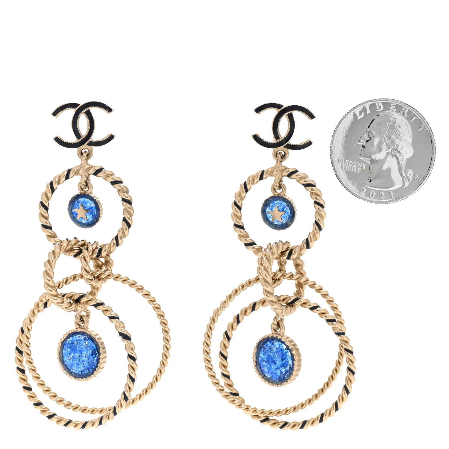 Resin Star Twisted CC Drop Earrings Blue Gold - Image 2