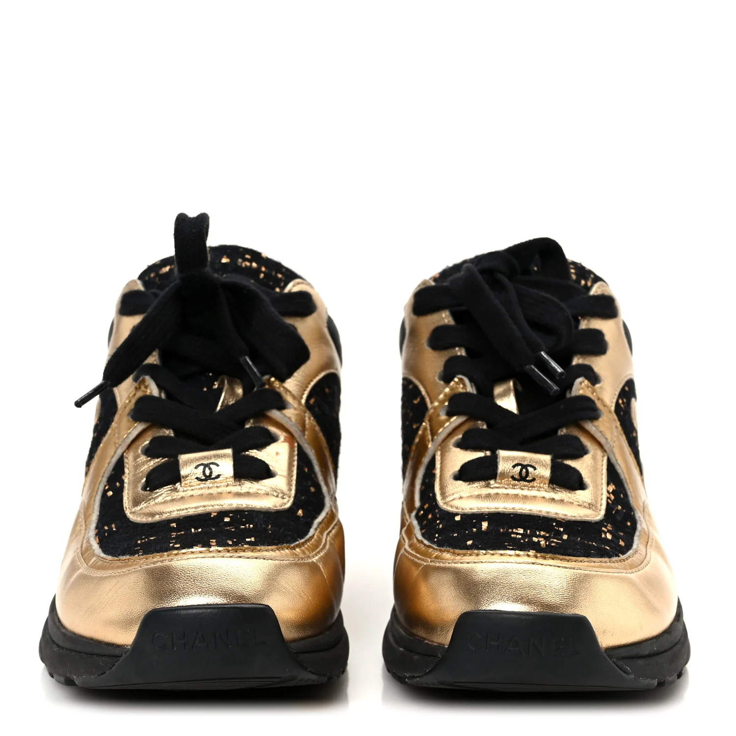 Satin Lambskin Fabric Tweed CC Sneakers 35.5 Gold Black - Image 3