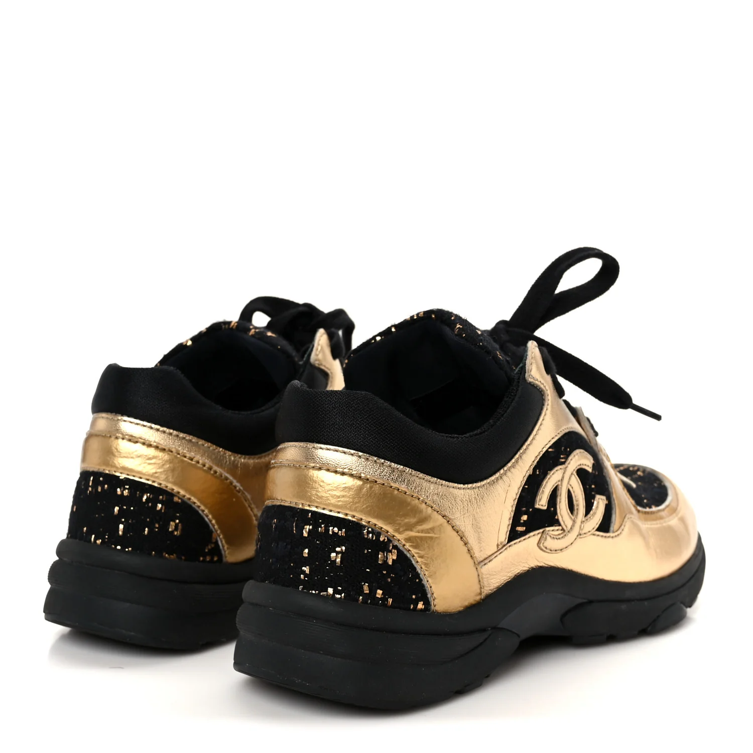 Satin Lambskin Fabric Tweed CC Sneakers 35.5 Gold Black - Image 5