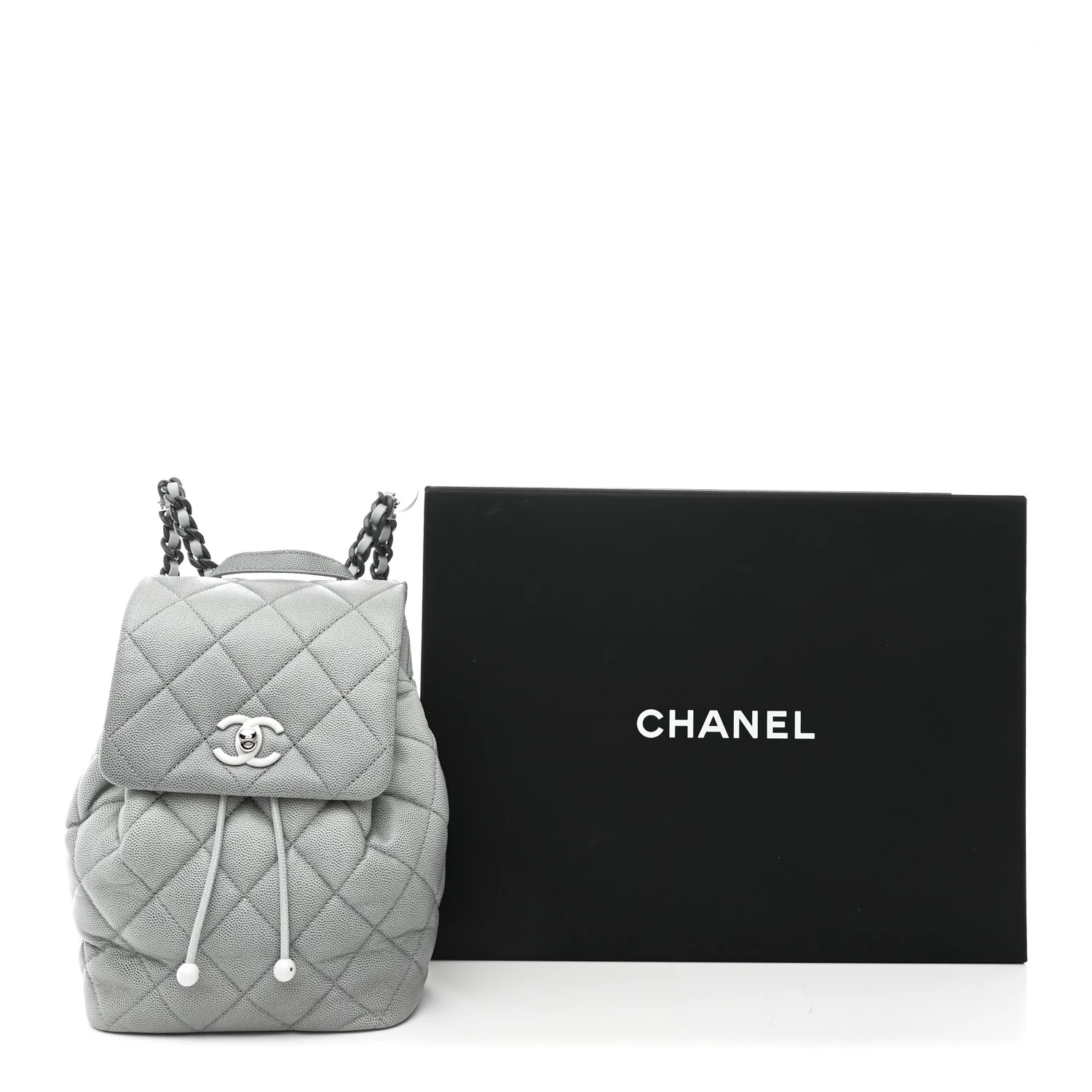 Shaded Caviar Quilted Lacquered CC My Everything Drawstring Backpack Dark Grey Light Grey - Image 11