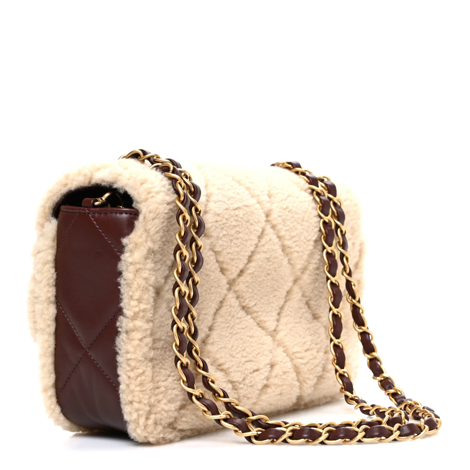 Shearling Lambskin Quilted Furry Coco Flap Dark Brown Beige - Image 3