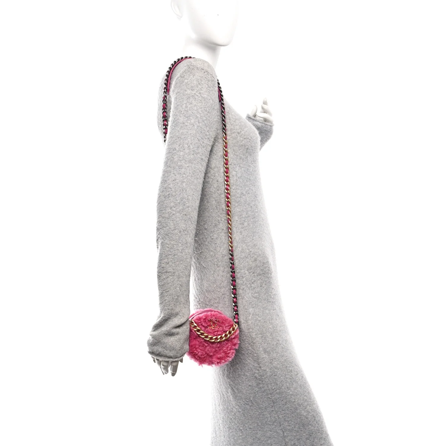 Shearling Sheepskin Chanel 19 Round Clutch With Chain Dark Pink - Image 2