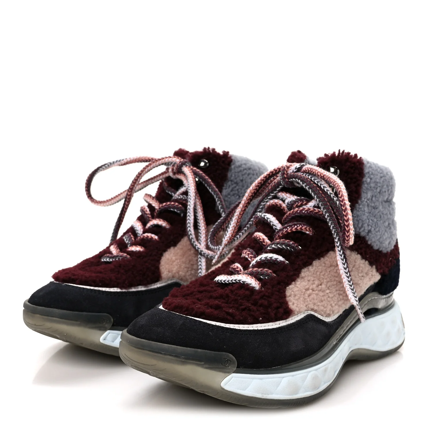 Shearling Suede CC High Top Sneakers 39 Grey Pink Burgundy - Image 4