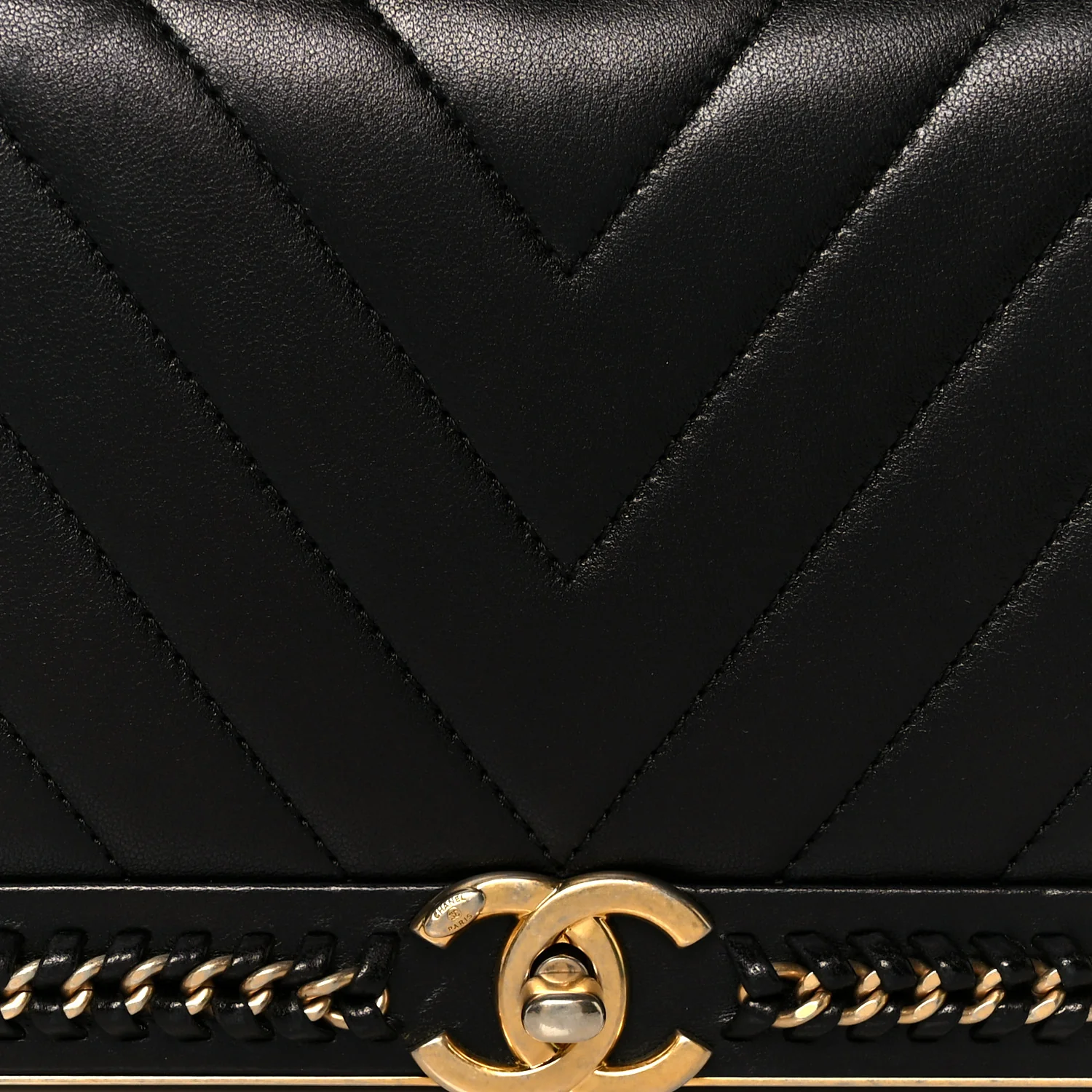Sheepskin Chevron Stitched Chain Top Handle Flap Black - Image 8