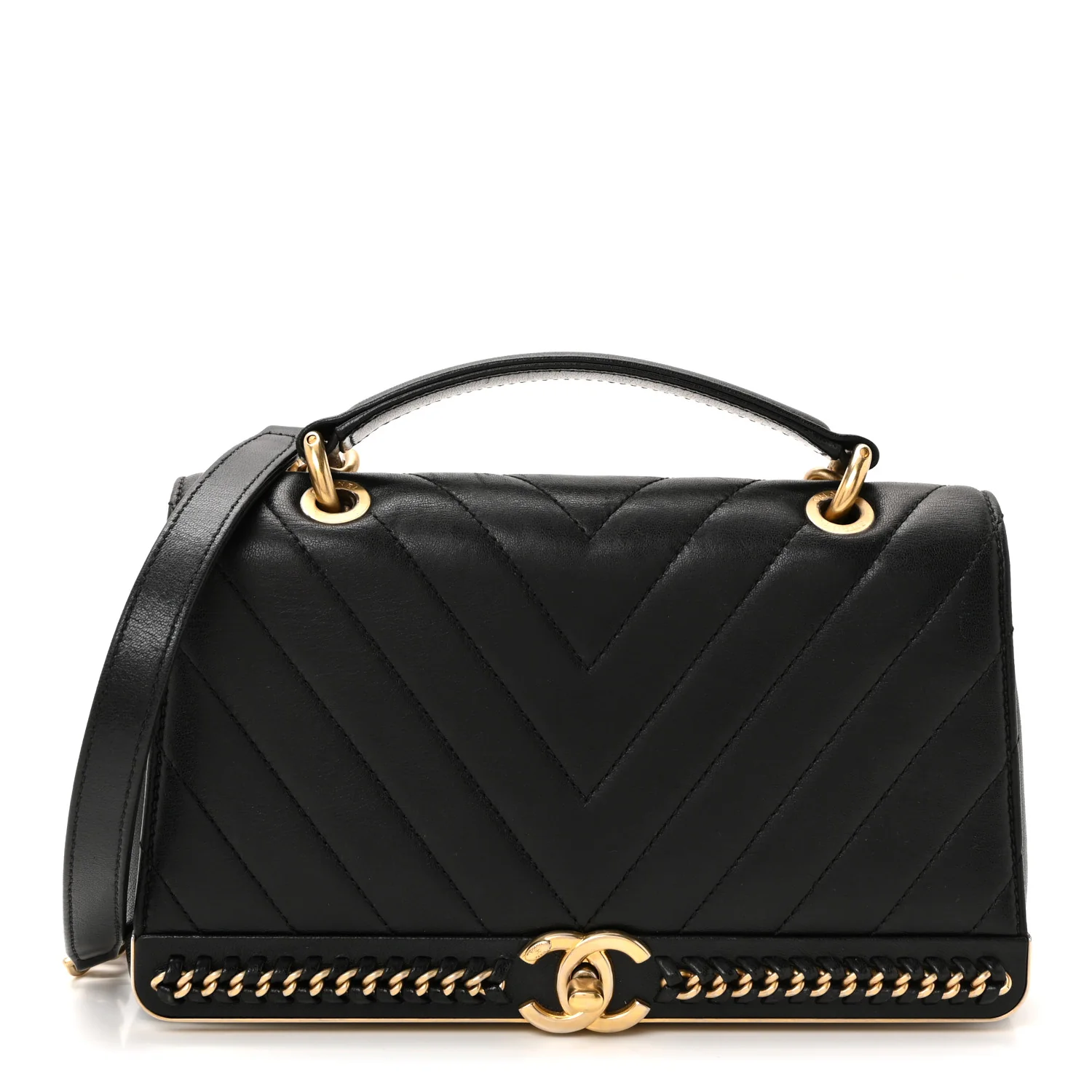 Sheepskin Chevron Stitched Chain Top Handle Flap Black