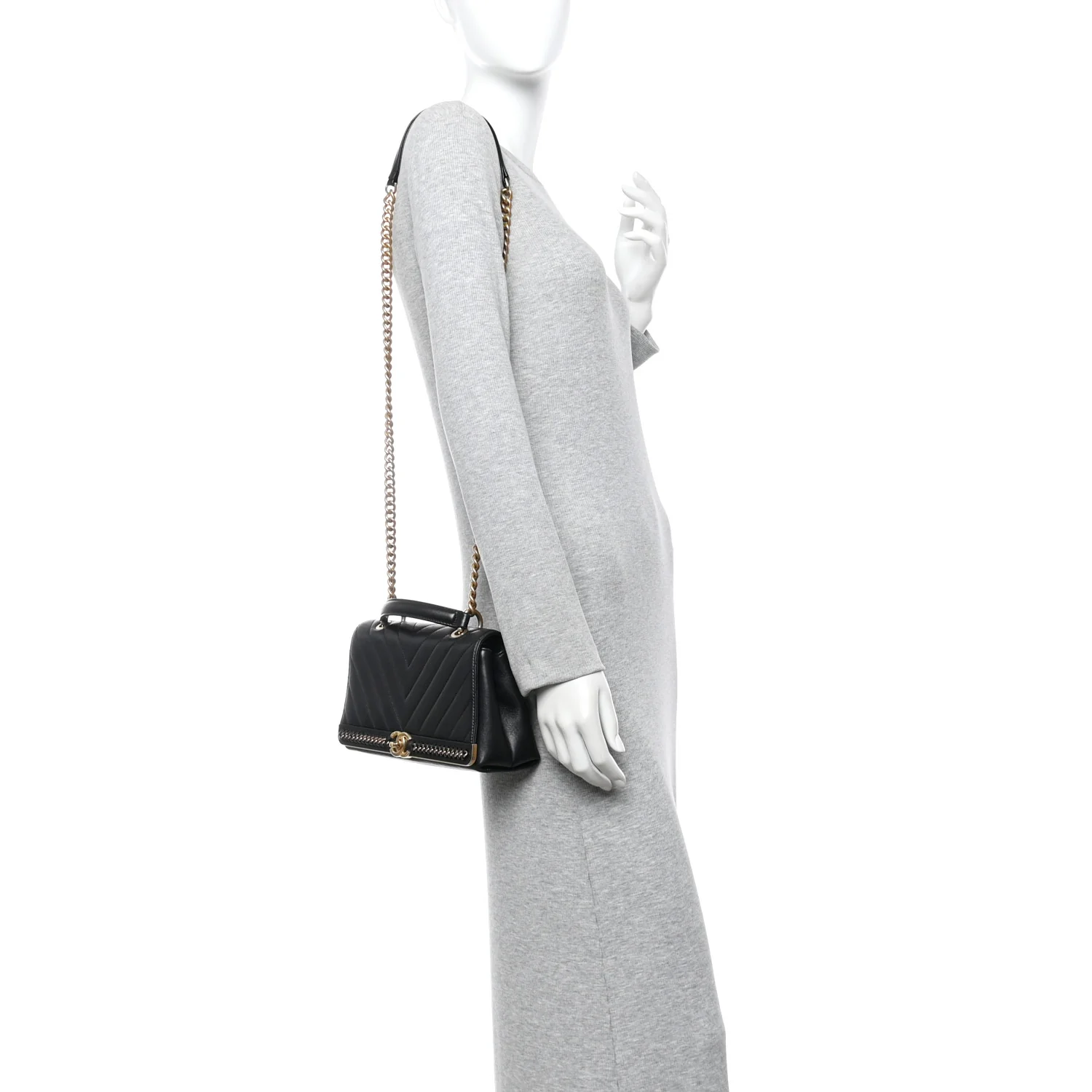 Sheepskin Chevron Stitched Chain Top Handle Flap Black - Image 2