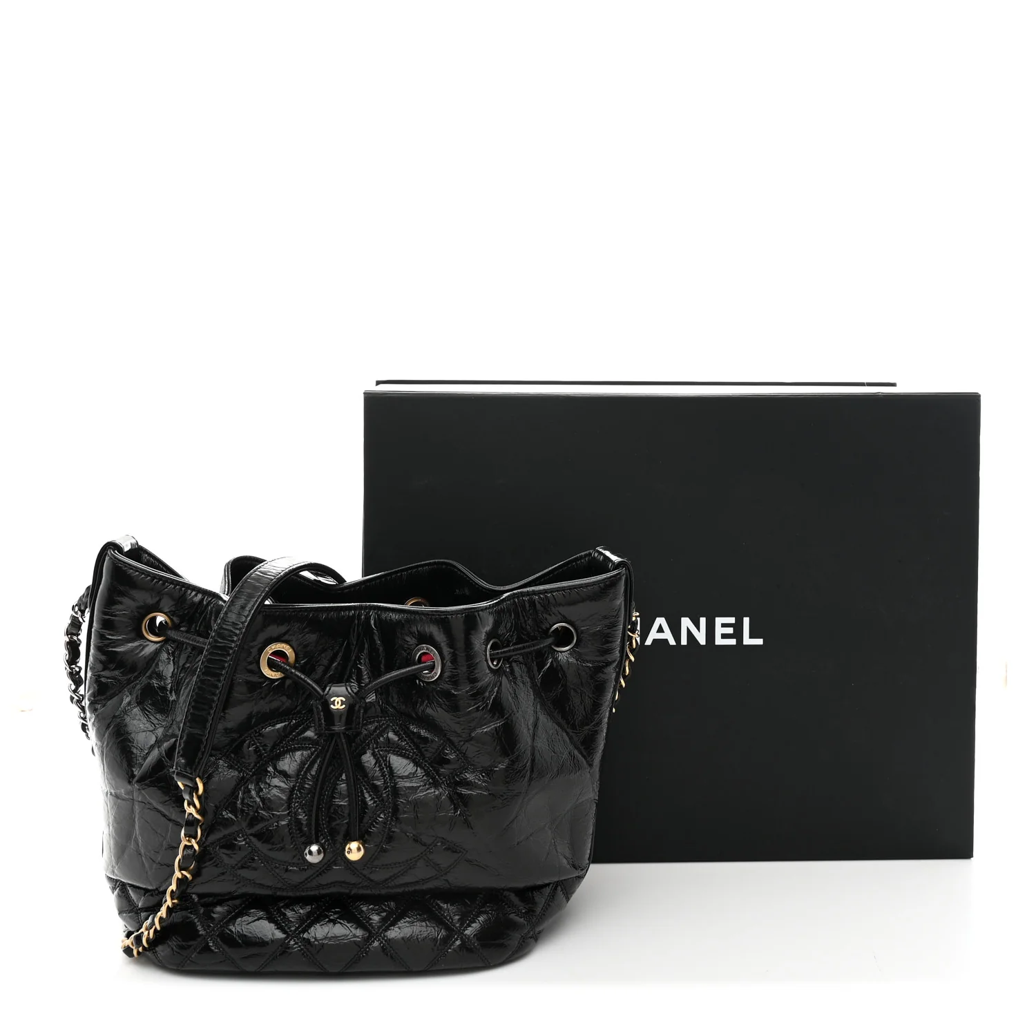 Shiny Aged Calfskin CC Chain Drawstring Bag Black - Image 11
