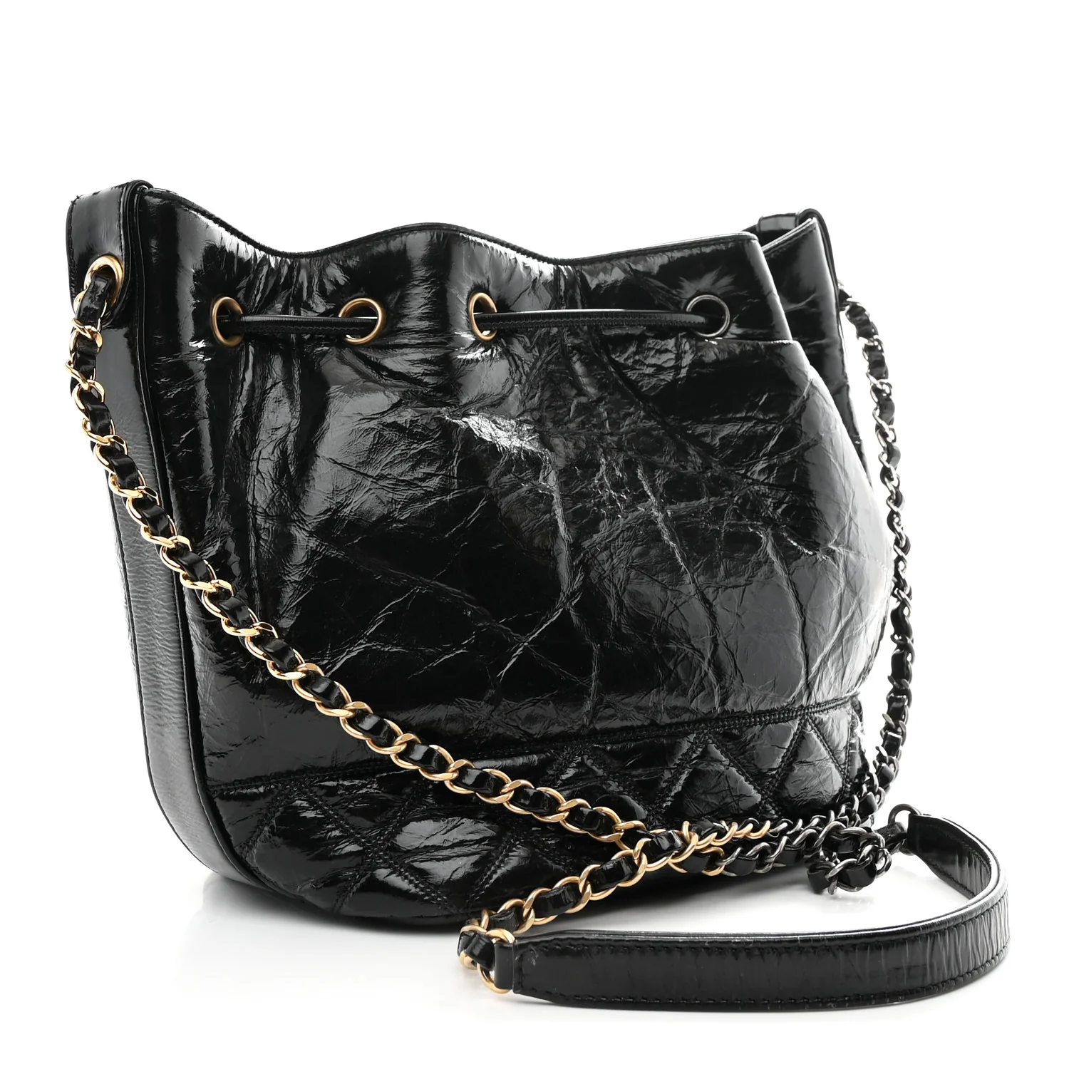 Shiny Aged Calfskin CC Chain Drawstring Bag Black - Image 2