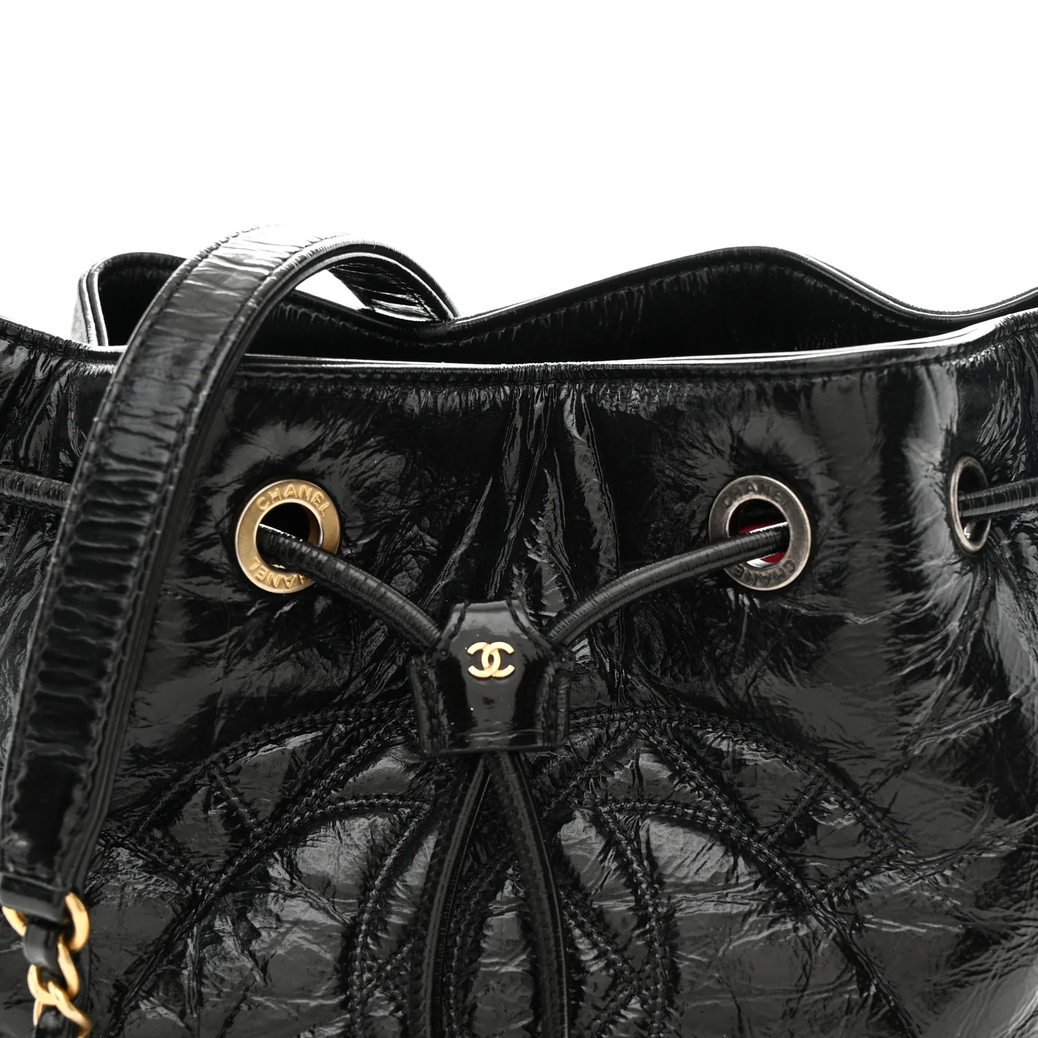 Shiny Aged Calfskin CC Chain Drawstring Bag Black - Image 8