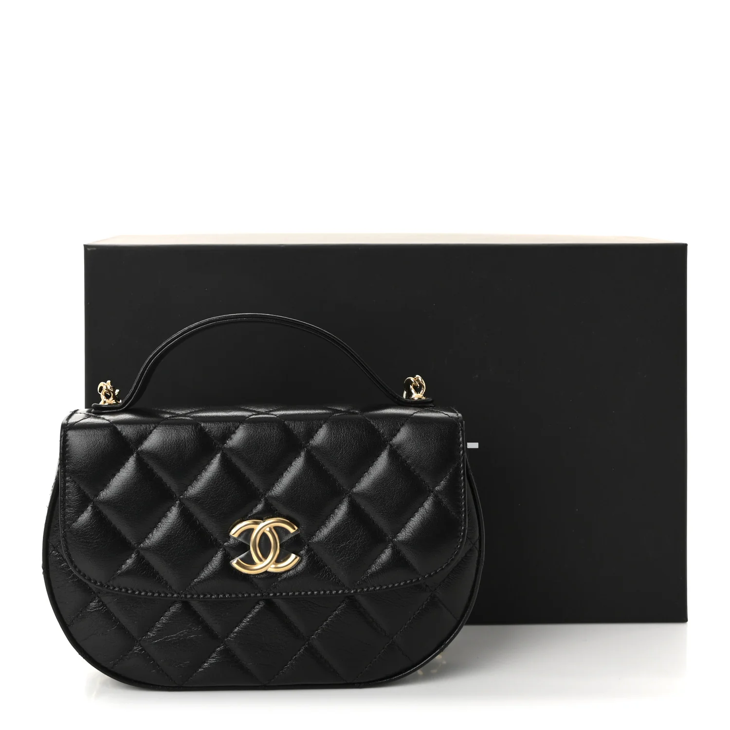 Shiny Aged Calfskin Quilted Flap Phone Holder With Chain Black - Image 12