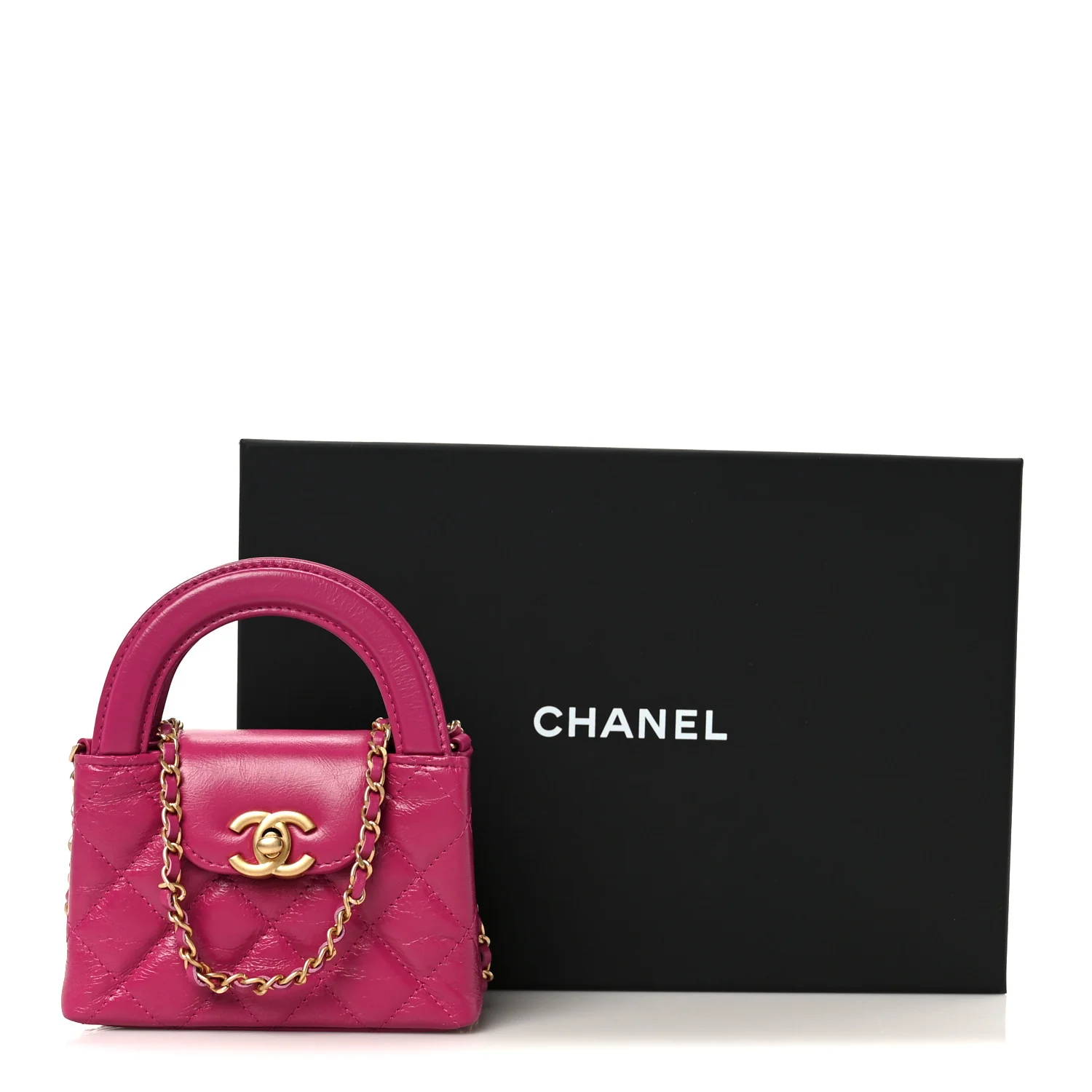 Shiny Aged Calfskin Quilted Mini Nano Kelly Shopper Dark Pink - Image 11