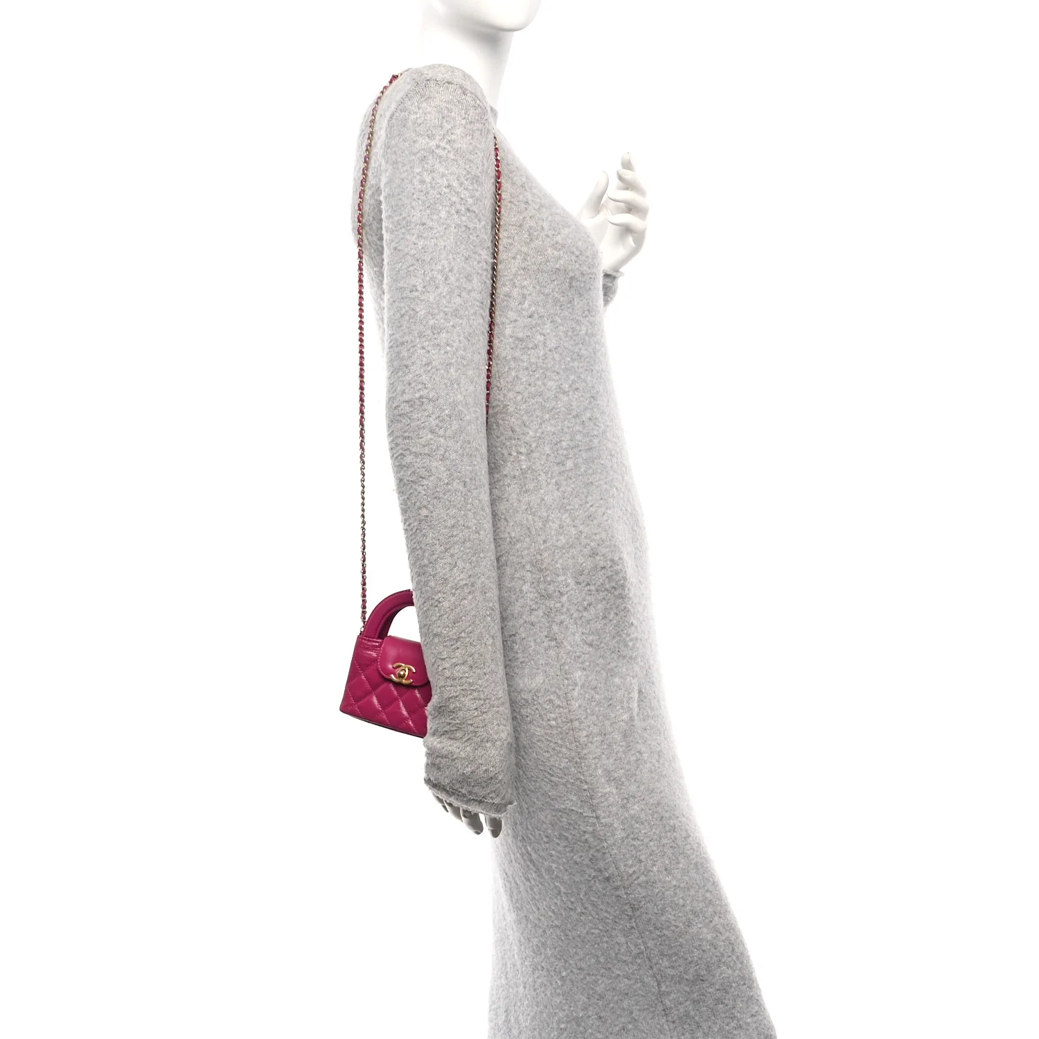 Shiny Aged Calfskin Quilted Mini Nano Kelly Shopper Dark Pink - Image 2