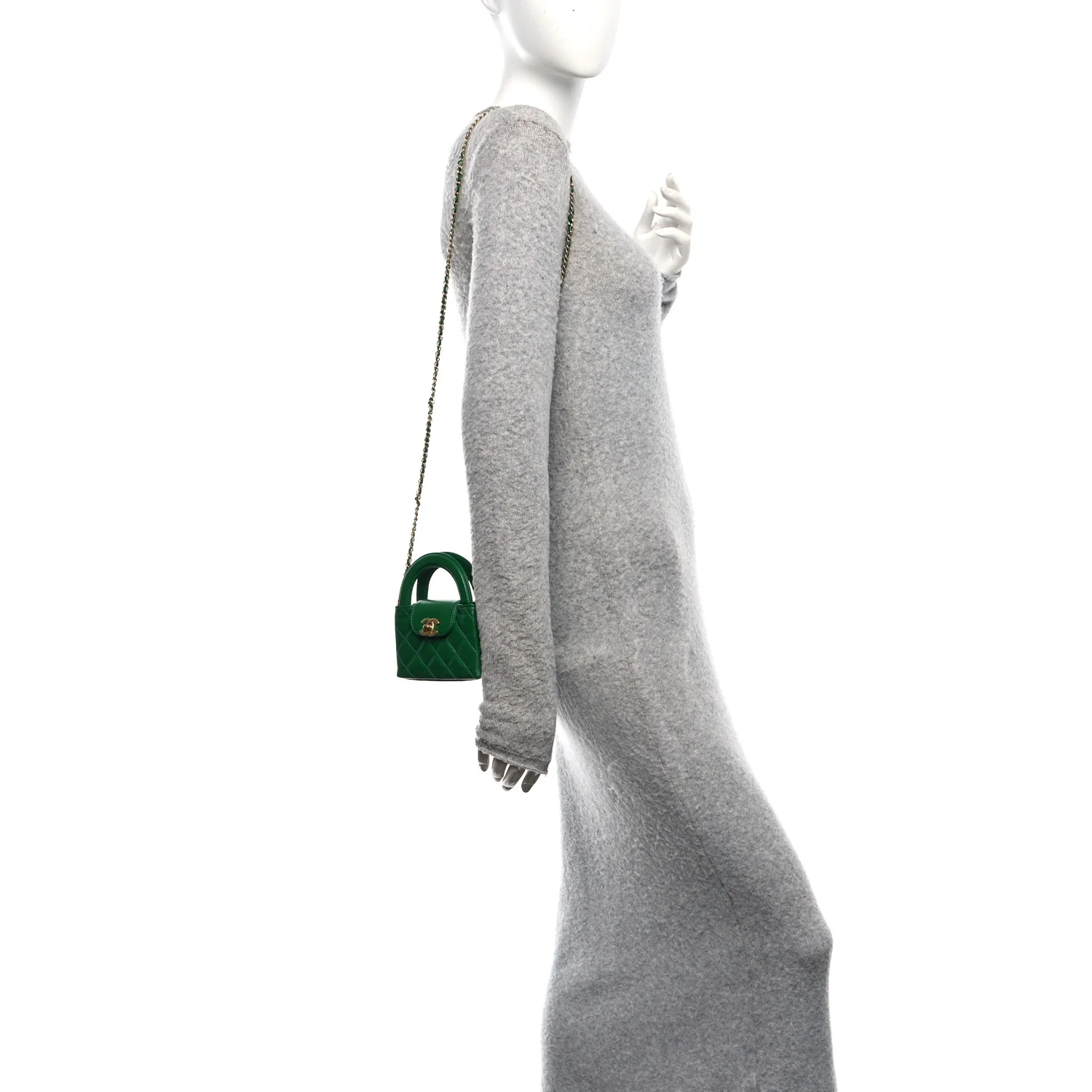 Shiny Aged Calfskin Quilted Mini Nano Kelly Shopper Green - Image 2