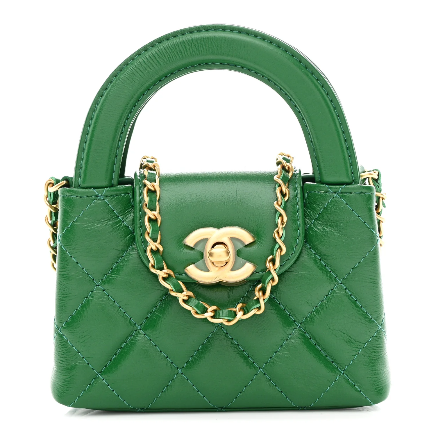 Shiny Aged Calfskin Quilted Mini Nano Kelly Shopper Green