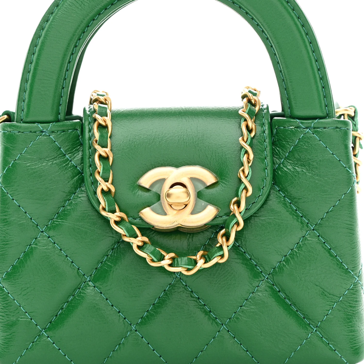 Shiny Aged Calfskin Quilted Mini Nano Kelly Shopper Green - Image 8
