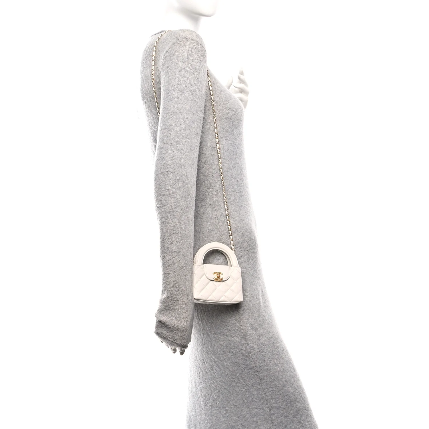 Shiny Aged Calfskin Quilted Mini Nano Kelly Shopper White - Image 2