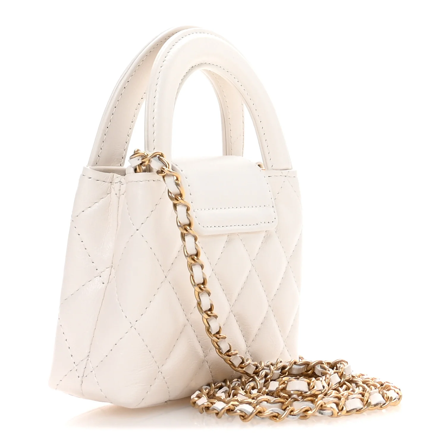 Shiny Aged Calfskin Quilted Mini Nano Kelly Shopper White - Image 3