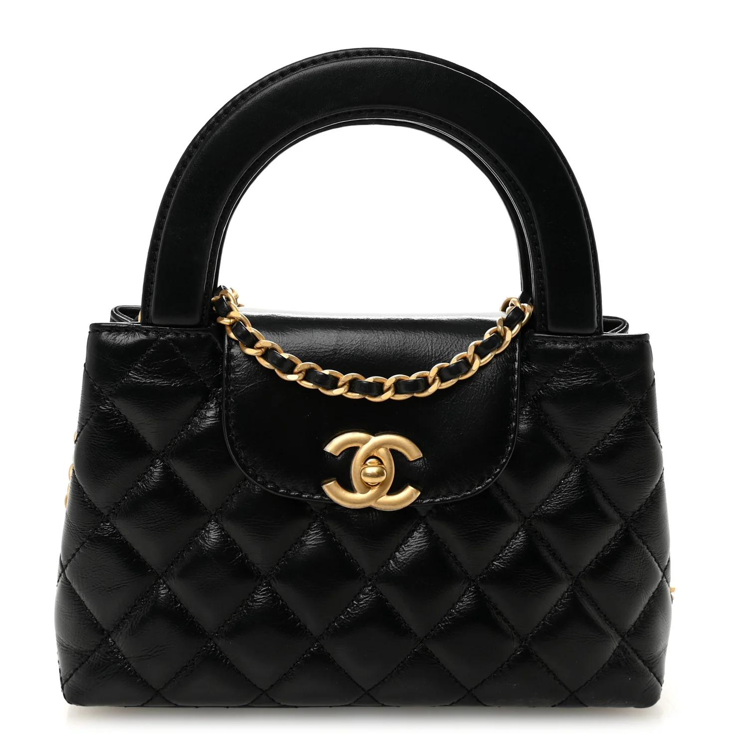 Shiny Aged Calfskin Quilted Nano Kelly Shopper Black