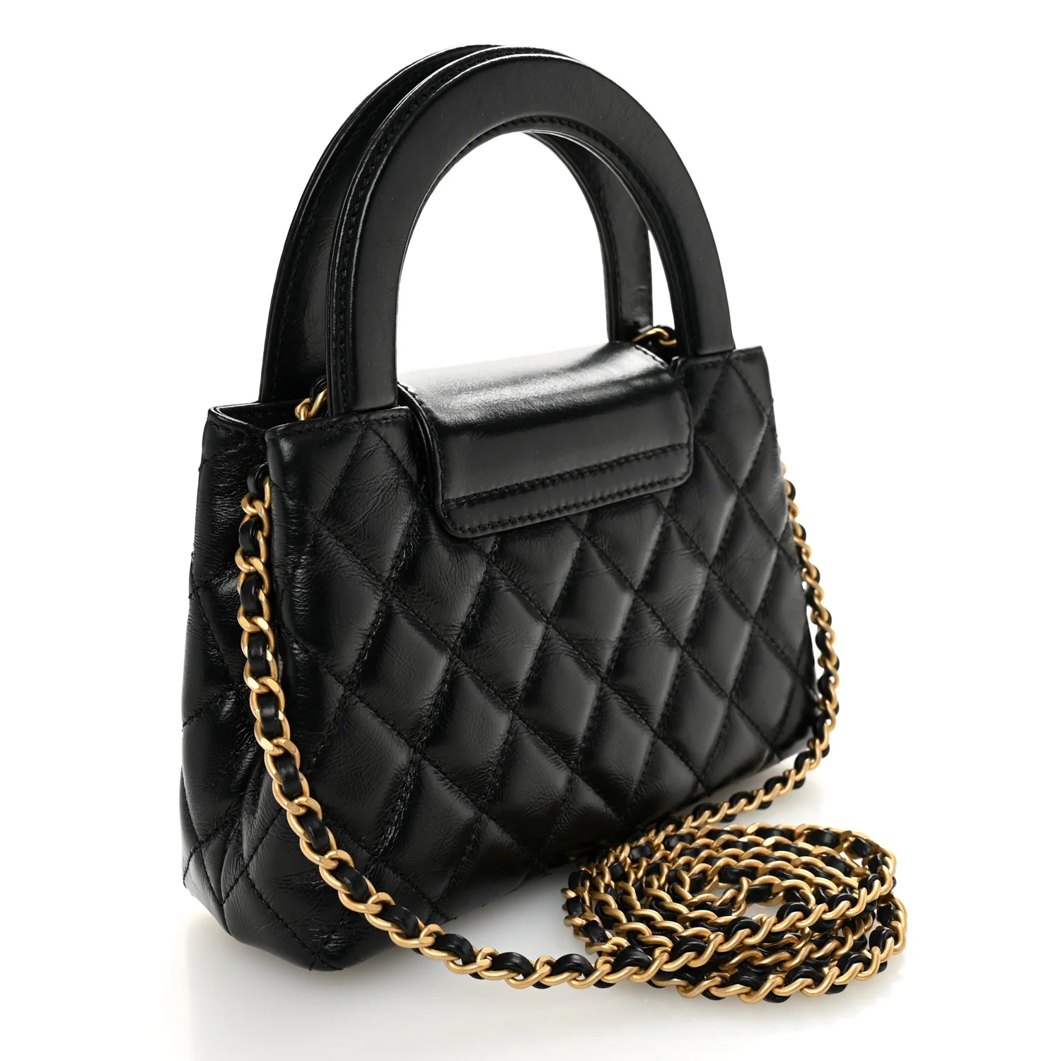 Shiny Aged Calfskin Quilted Nano Kelly Shopper Black - Image 3