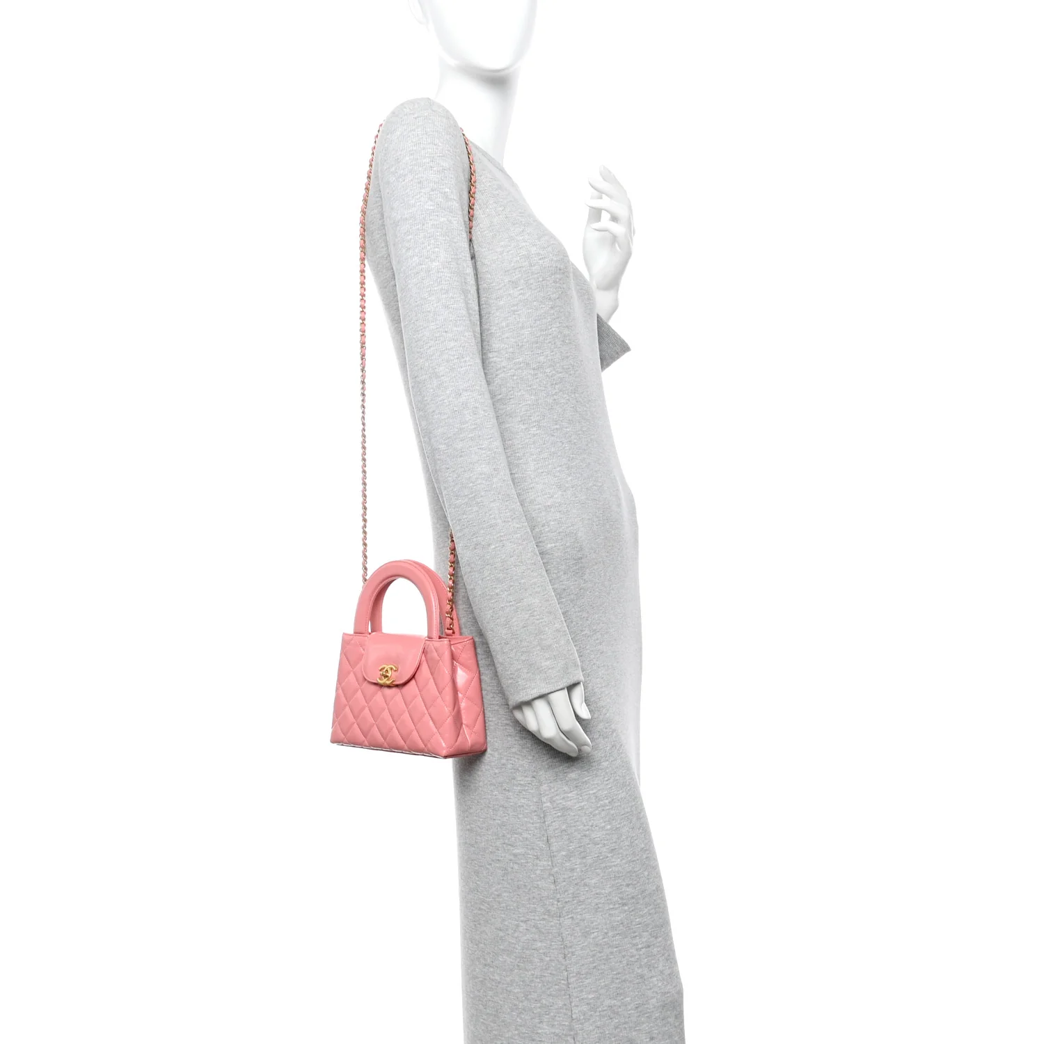 Shiny Aged Calfskin Quilted Nano Kelly Shopper Coral Pink - Image 3