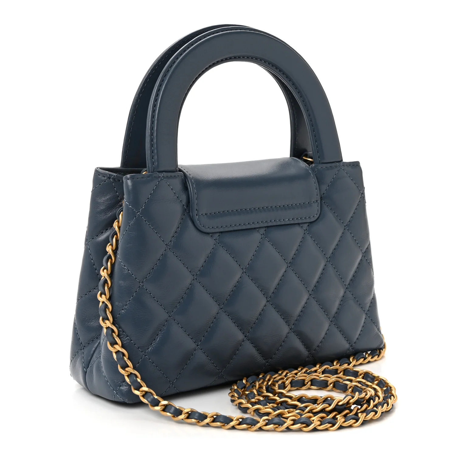 Shiny Aged Calfskin Quilted Nano Kelly Shopper Dark Blue - Image 3
