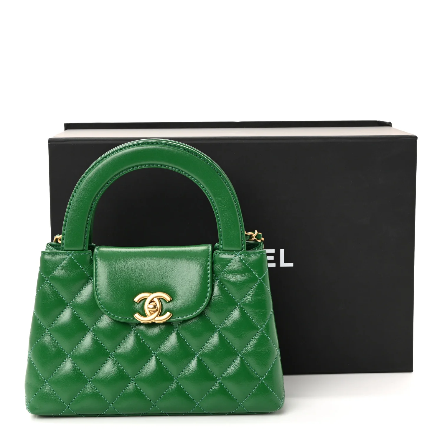 Shiny Aged Calfskin Quilted Nano Kelly Shopper Green - Image 11