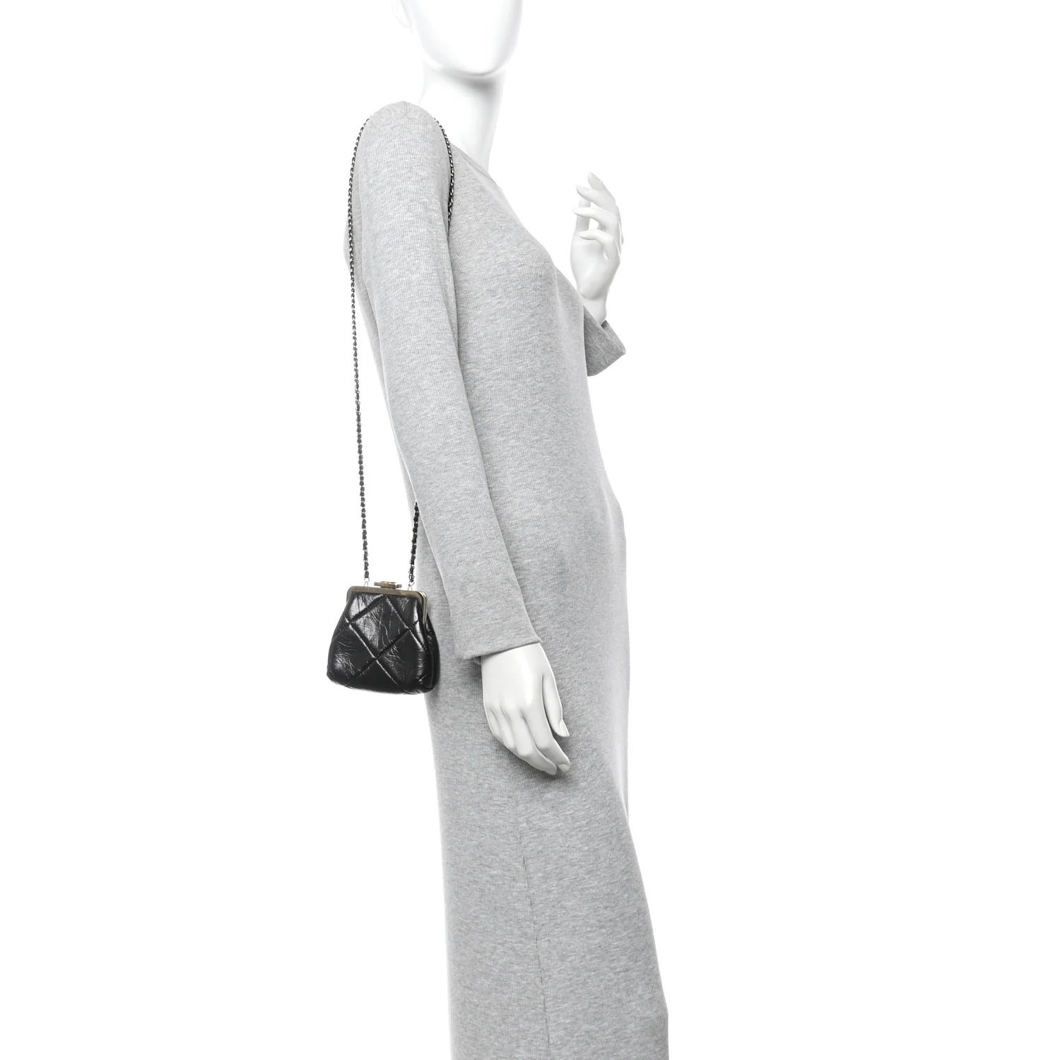 Shiny Aged Lambskin Quilted Kiss Lock Clutch With Chain Black - Image 2