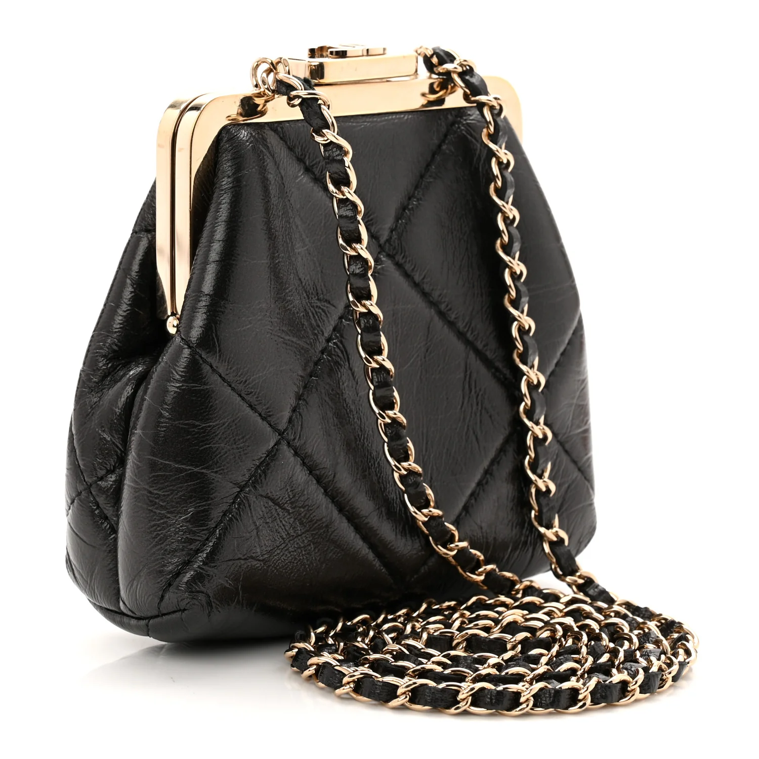 Shiny Aged Lambskin Quilted Kiss Lock Clutch With Chain Black - Image 3