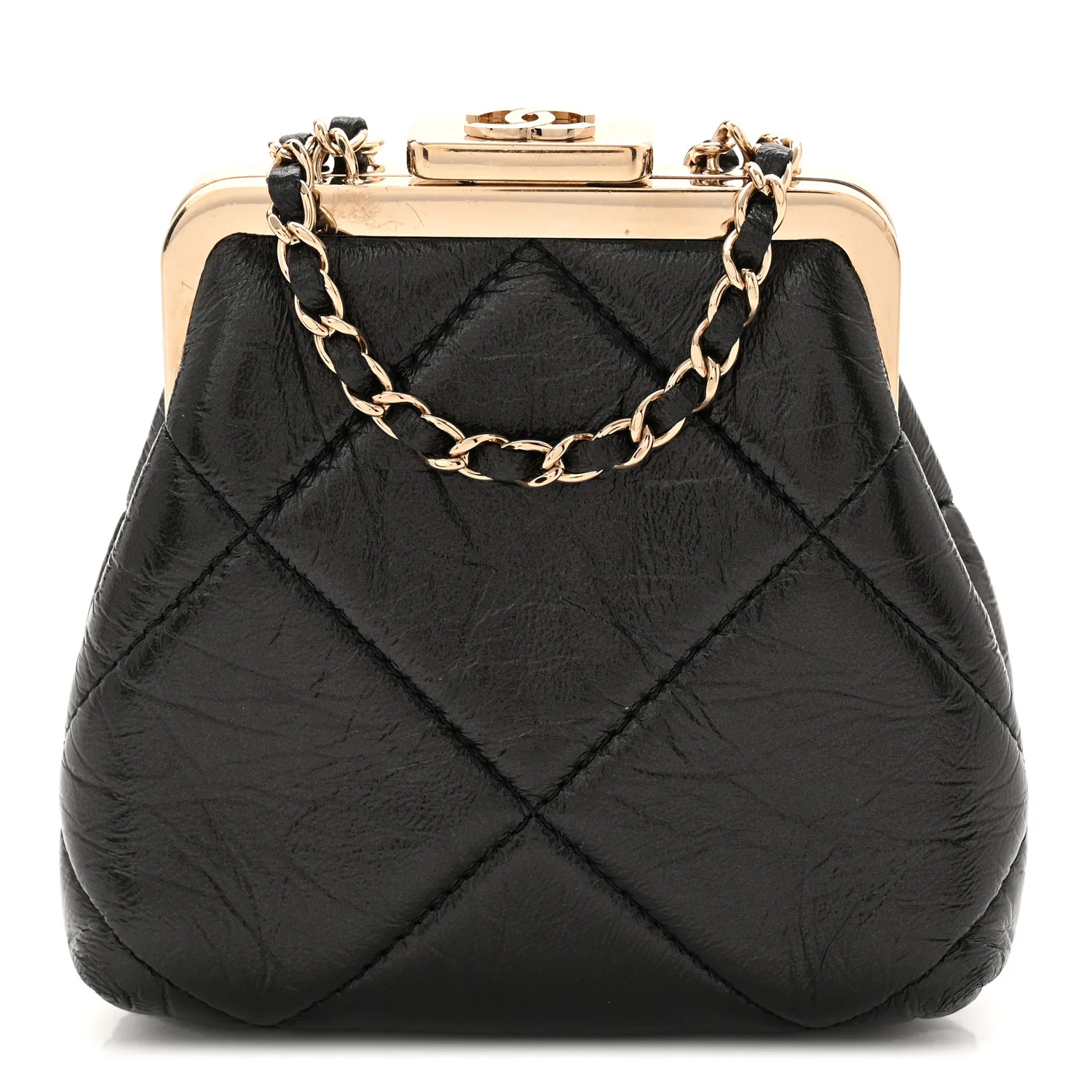 Shiny Aged Lambskin Quilted Kiss Lock Clutch With Chain Black - Image 8
