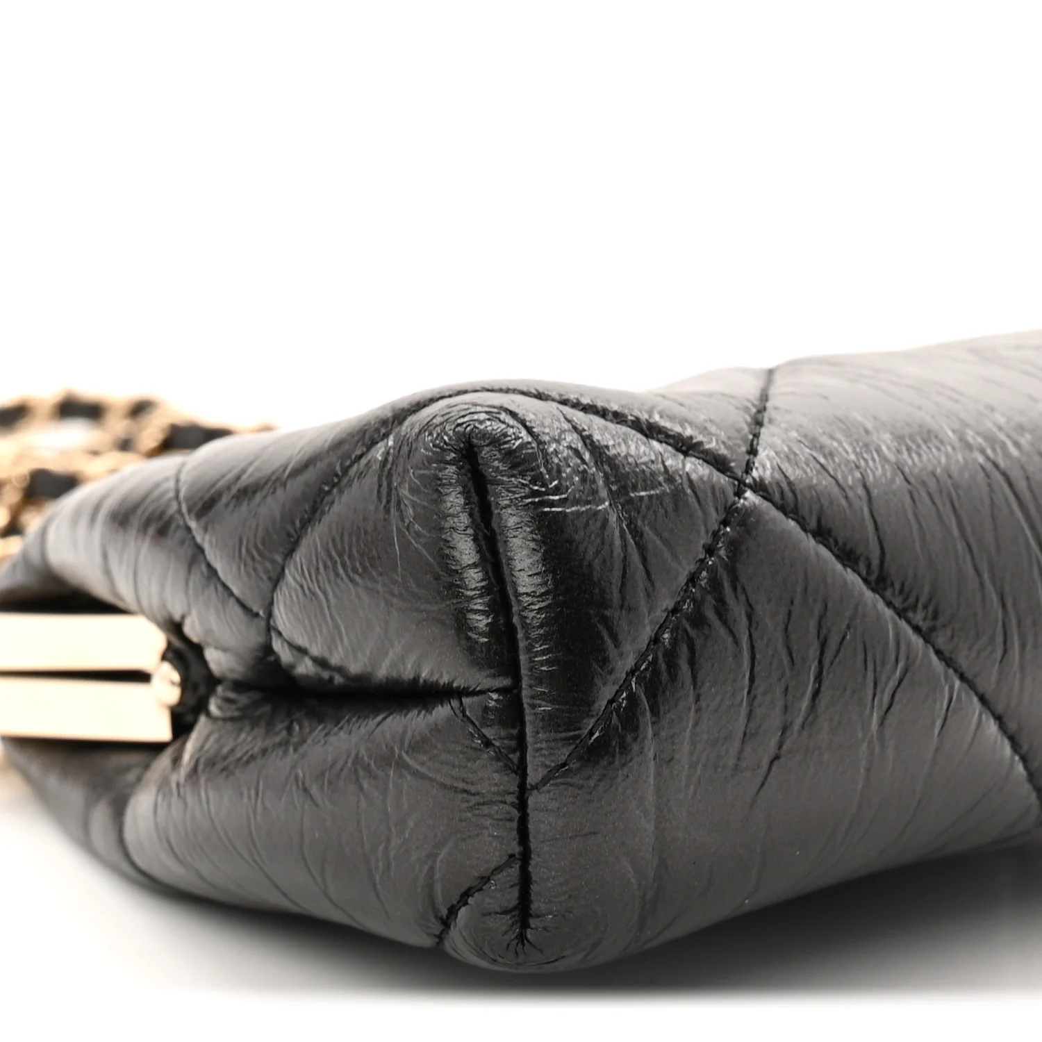 Shiny Aged Lambskin Quilted Kiss Lock Clutch With Chain Black - Image 9