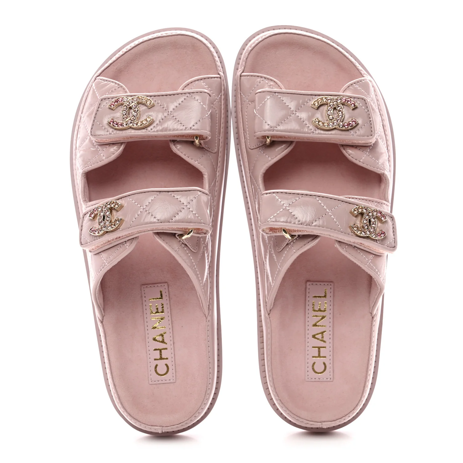 Shiny Calfskin Crystal Quilted Velcro Dad CC Slide Sandals 38 Light Pink - Image 2