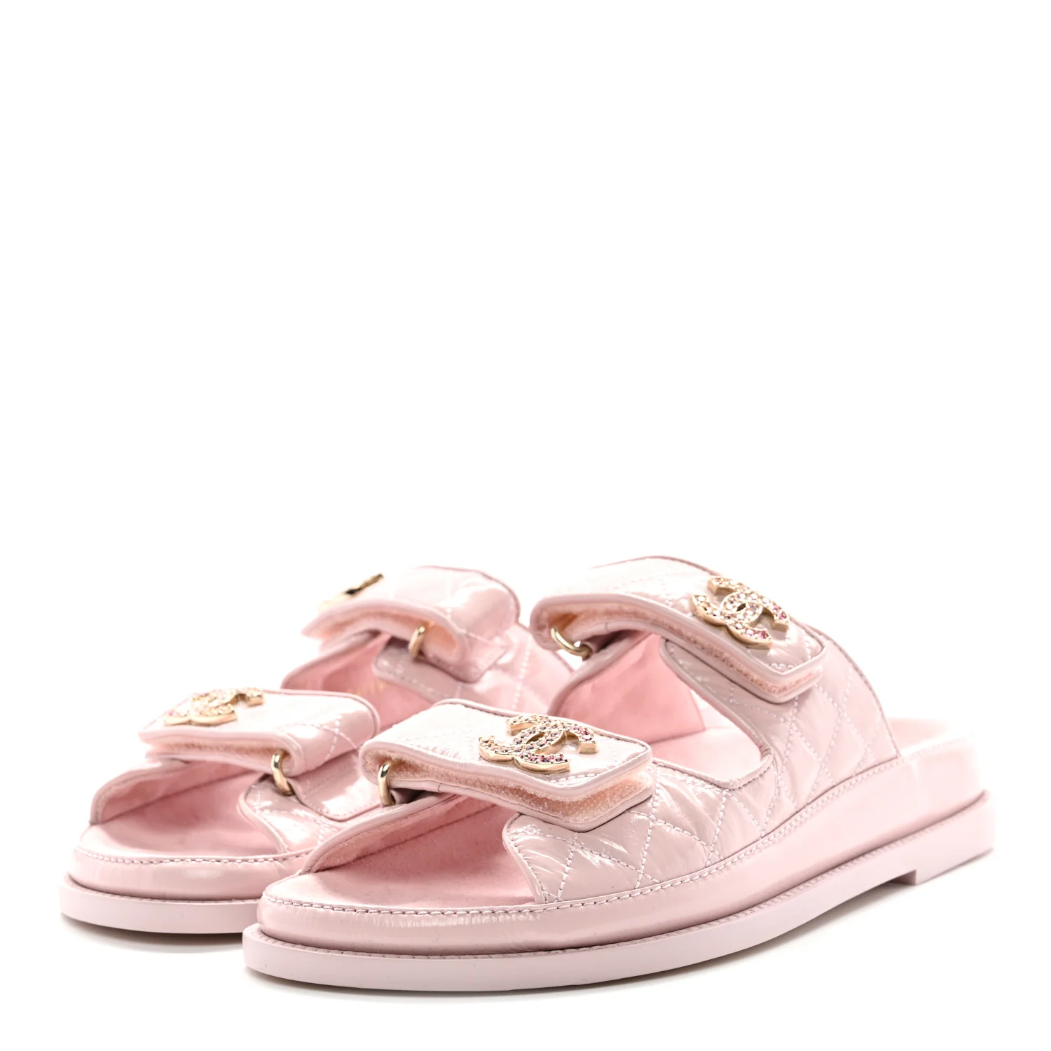 Shiny Calfskin Crystal Quilted Velcro Dad CC Slide Sandals 38 Light Pink - Image 3