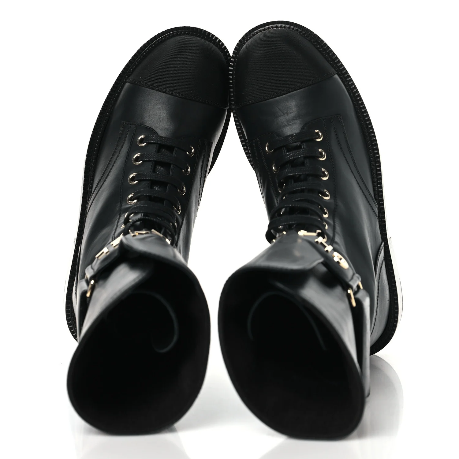 Shiny Calfskin Grosgrain Lace Up Combat Boots 36.5 Black - Image 2