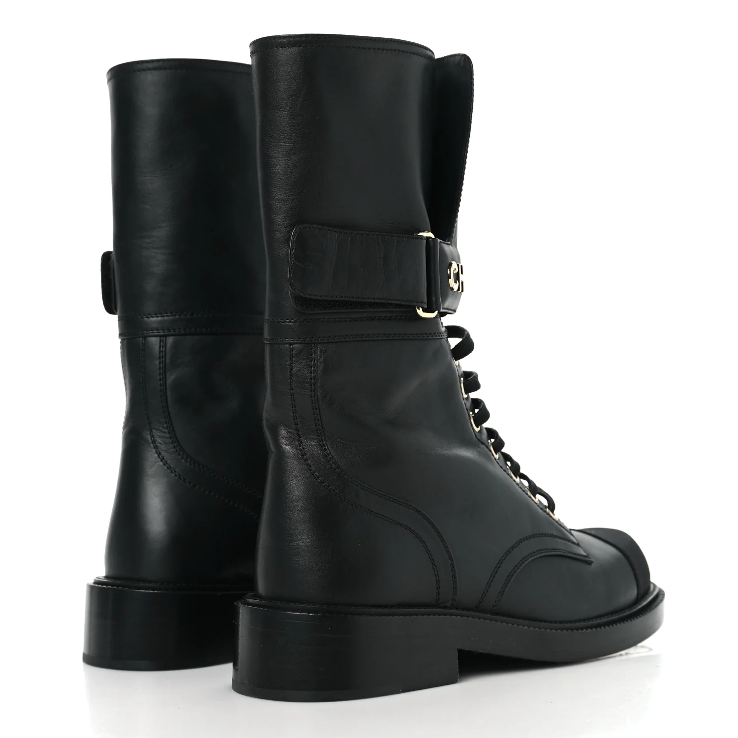 Shiny Calfskin Grosgrain Lace Up Combat Boots 36.5 Black - Image 5