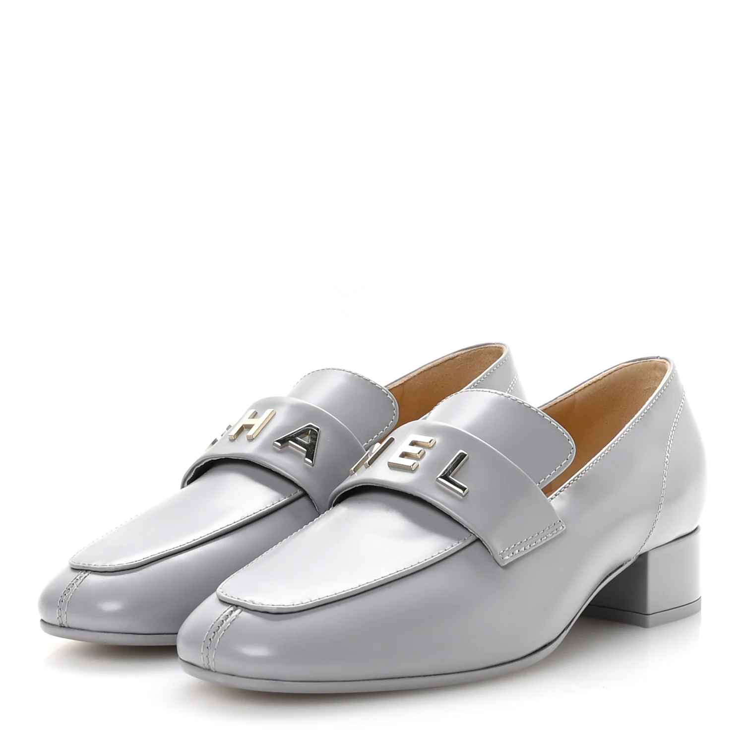 Shiny Calfskin Logo Loafers 37 Light Grey - Image 4