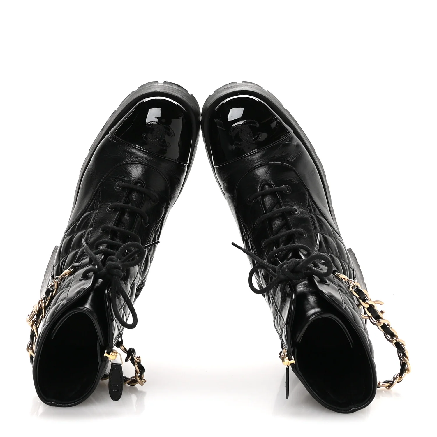 Shiny Calfskin Patent Quilted Chain Lace Up Combat Boots 40.5 Black - Image 2