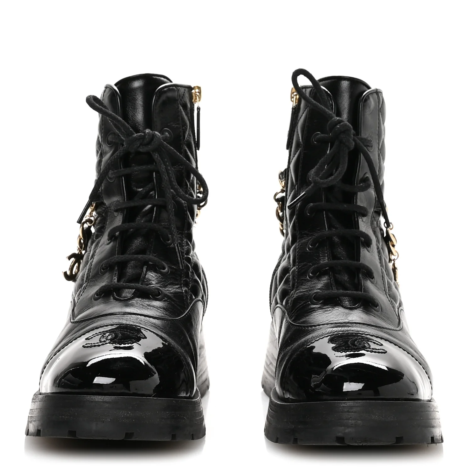 Shiny Calfskin Patent Quilted Chain Lace Up Combat Boots 40.5 Black - Image 3