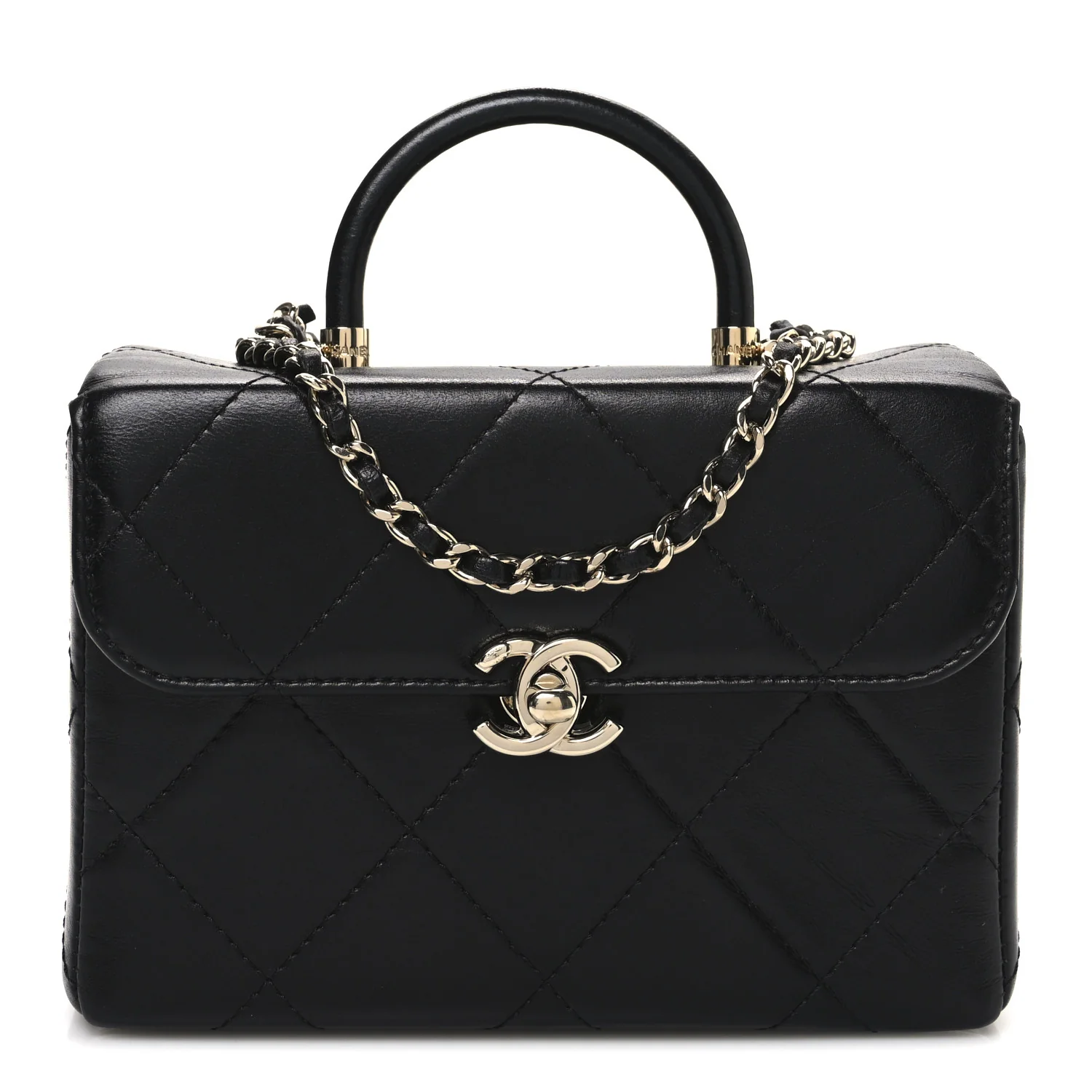 Shiny Calfskin Quilted CC Handle Vanity Flap Bag Black