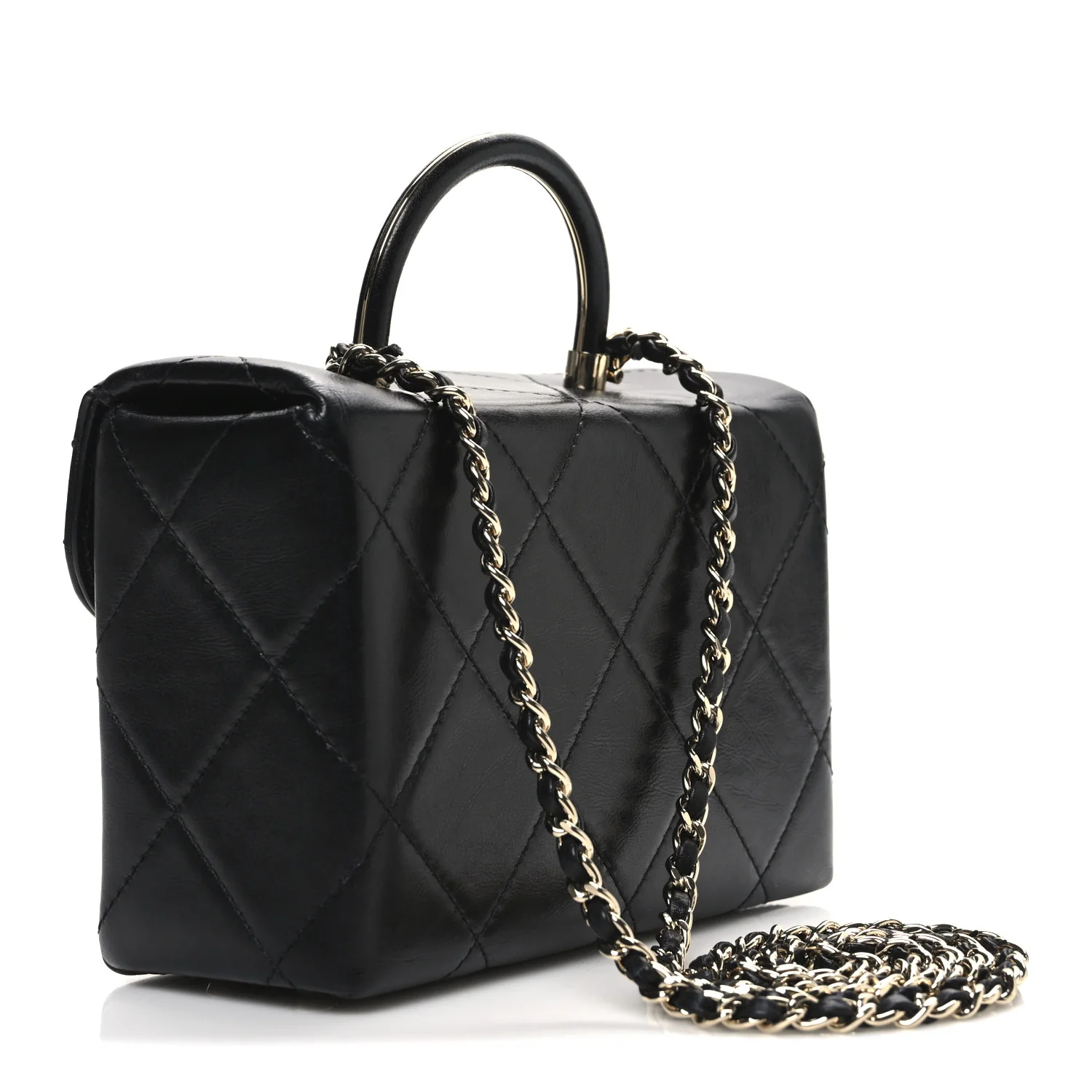 Shiny Calfskin Quilted CC Handle Vanity Flap Bag Black - Image 3