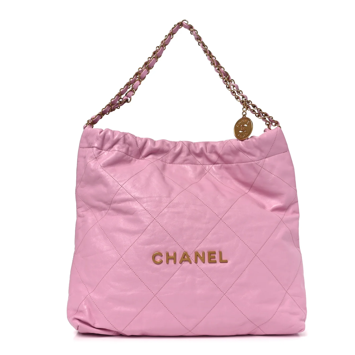 Shiny Calfskin Quilted Chanel 22 Drawstring Bag Pink