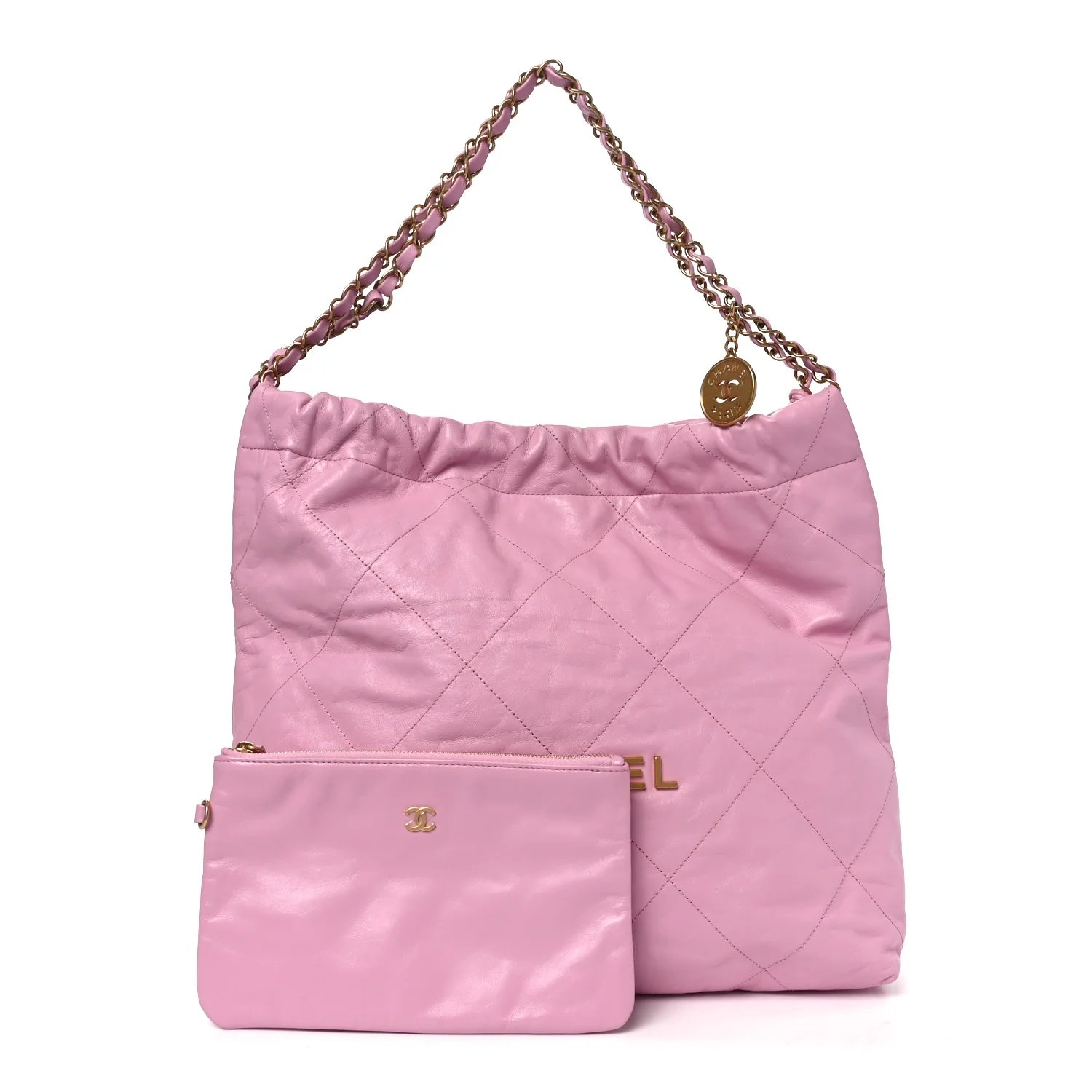 Shiny Calfskin Quilted Chanel 22 Drawstring Bag Pink - Image 3